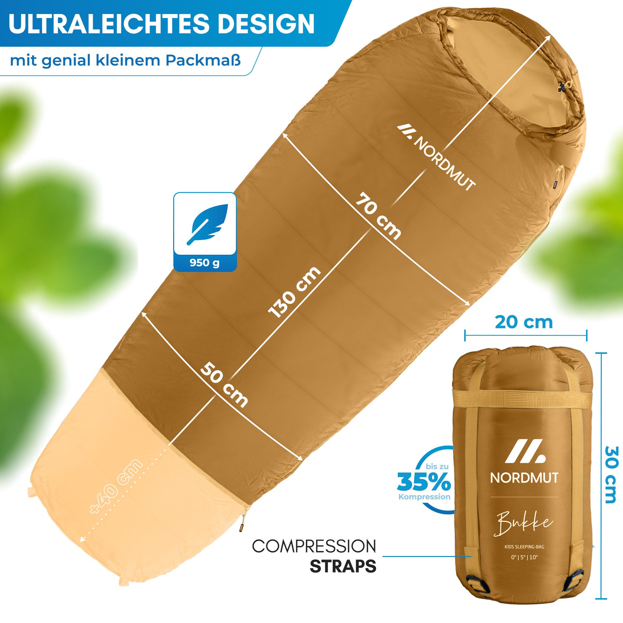 Nordmut Mumienschlafsack für Kinder mitwachsend, 3 Jahreszeiten, Camping Outdoor, leicht, warm (Spar-Set, 1 tlg., Nordmut Bukke + Kompressionsbeutel + Sticker), – Bild 5 von 5