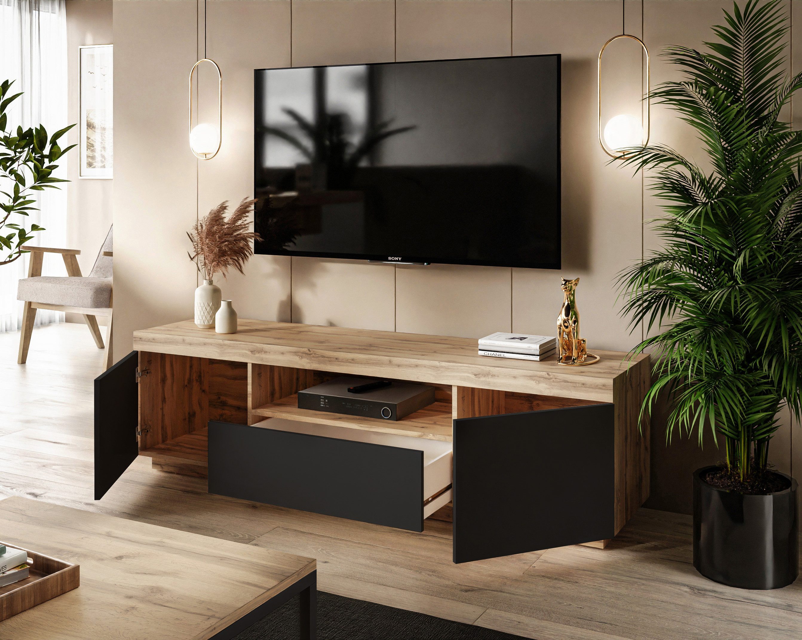 Lookway TV-Schrank YOSHI auf Sockel und Schublade im Industrial Design Breite: 170 cm