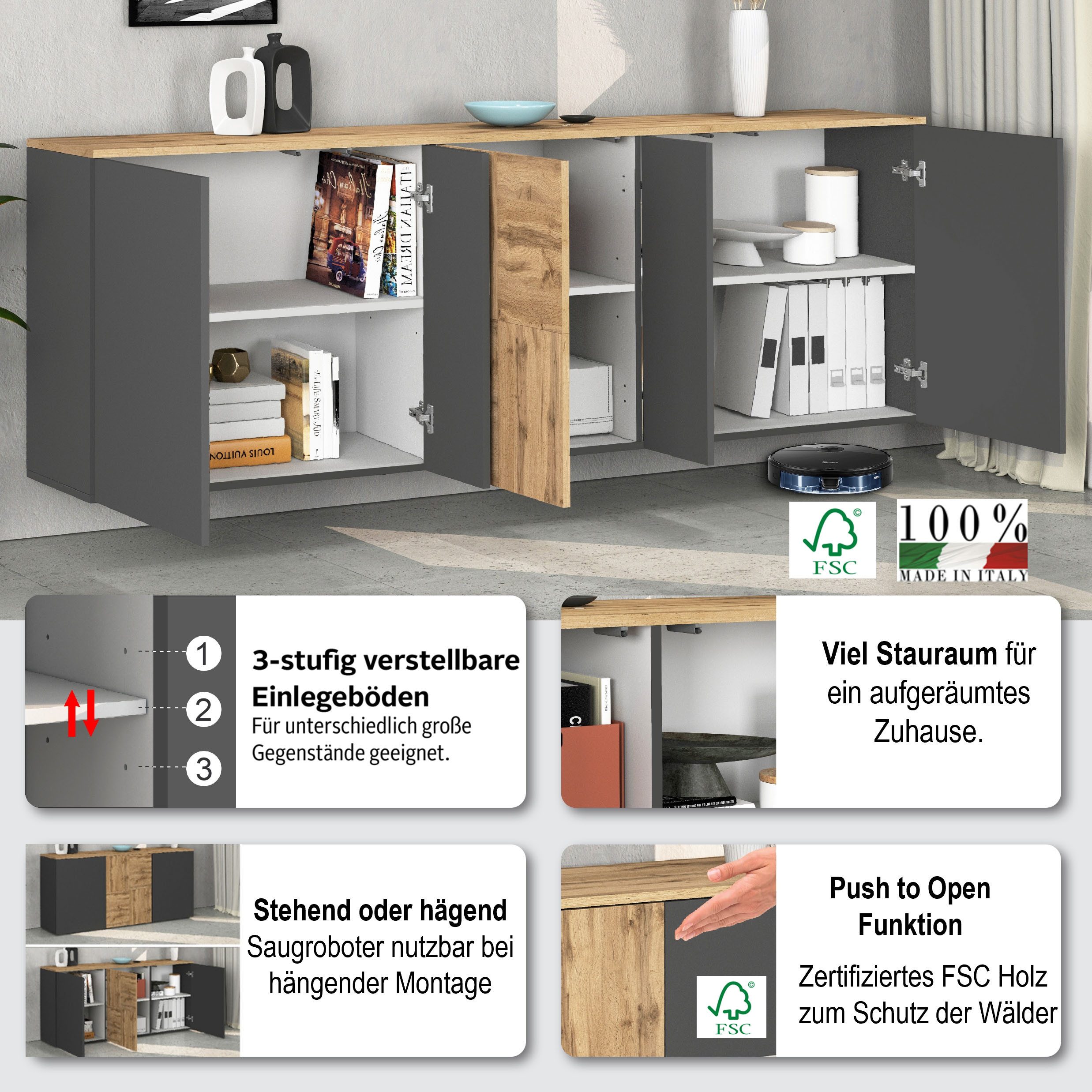 OTTO home Sideboard ISEO, Kommode, Schrank, Sideboard, Lowboard, 6 Fächer, Breite 200 cm (1 St), stehend/hängend, 5 Türen, 6 Fächer, Breite 200 cm