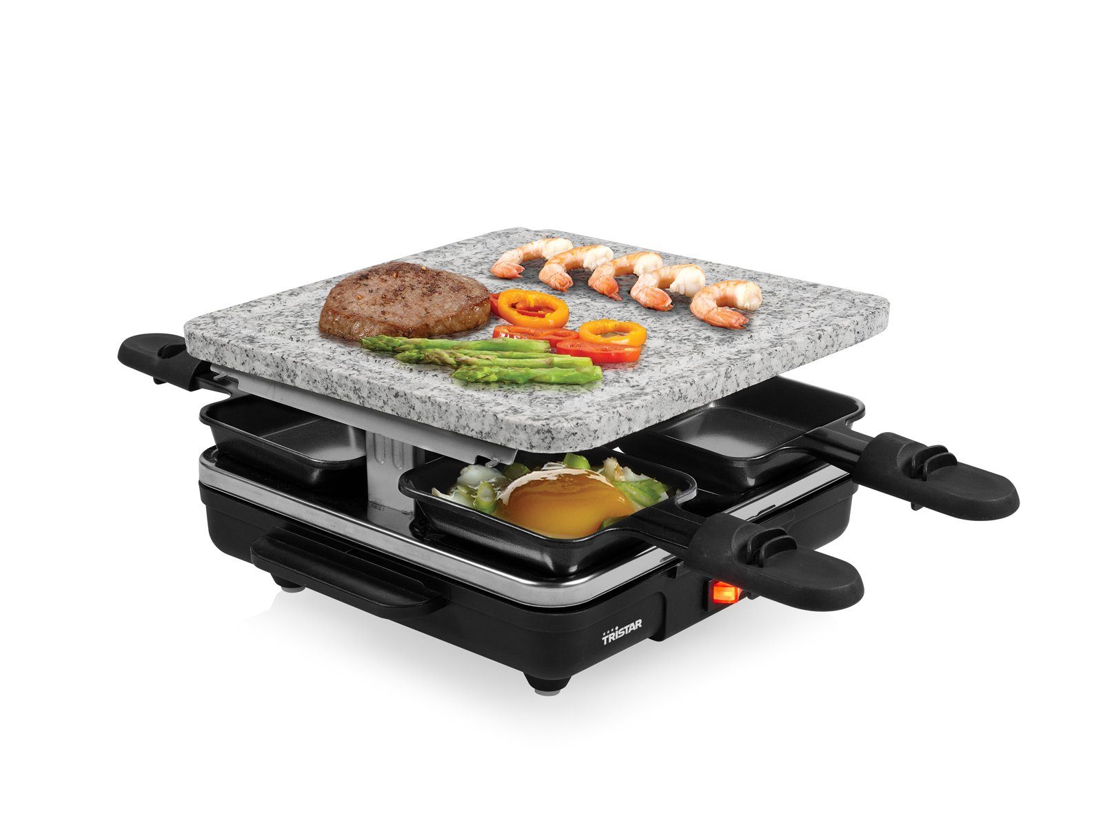 Tristar Раклетници, 4 Раклетнициpfännchen, 600 W, Mini Gerät für 2-4 Personen, Tischgrill Steingrill Camping geeignet