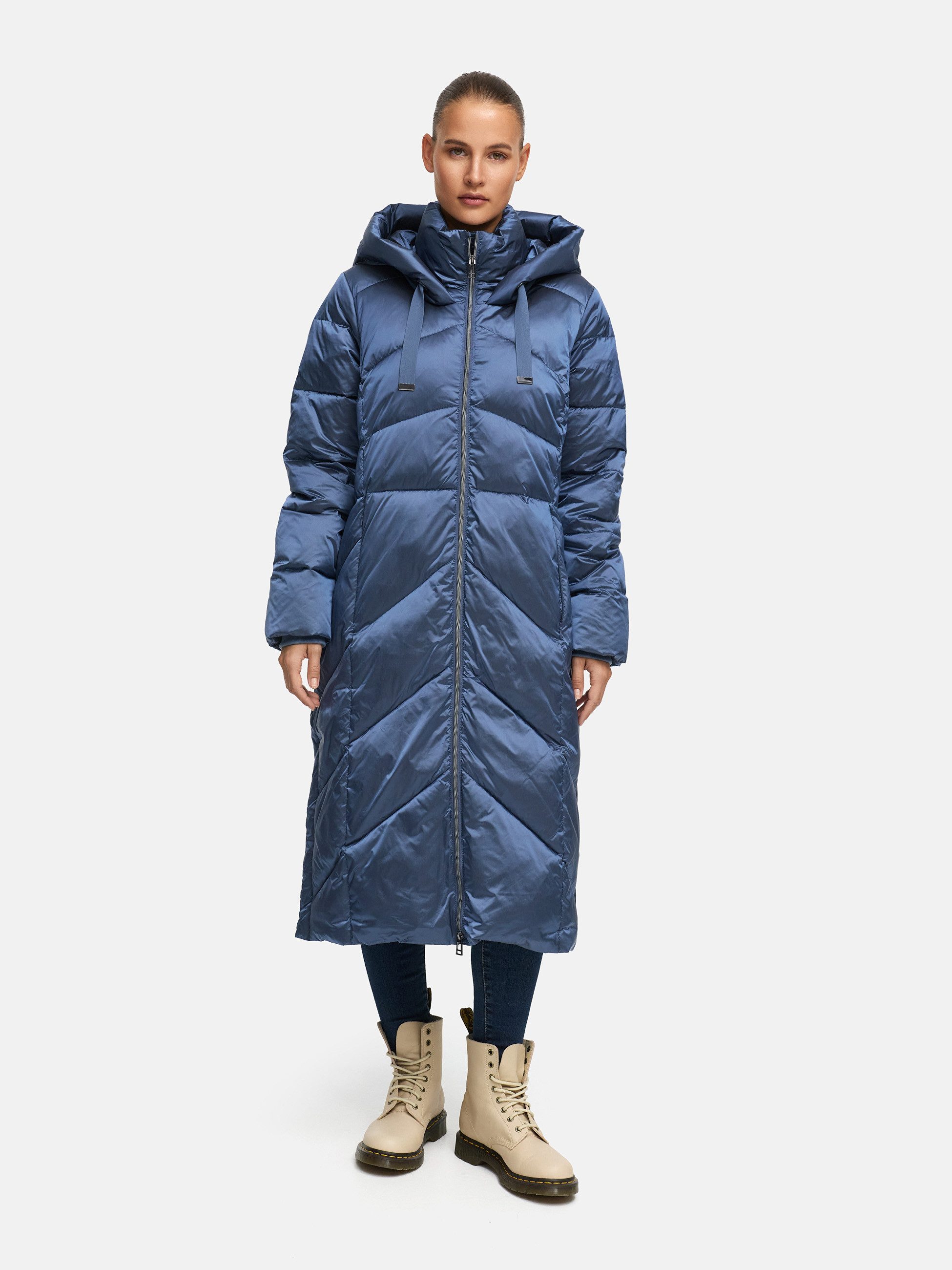 Manisa Wintermantel mit Stehkragen und fester Kapuze und dekorativen Strickbändern