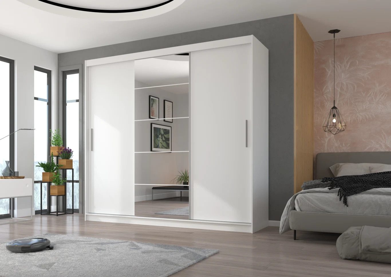 MOEBLO Schiebetürenschrank VALENTIS 235 (mit Spiegel und Schubladen – Kleiderschrank mit 3 Schiebetüren, Regalen und Kleiderstange – Moderner Garderobenschrank – Weiß / Kaschmir) (BxHxT): 235x215x59 cm
