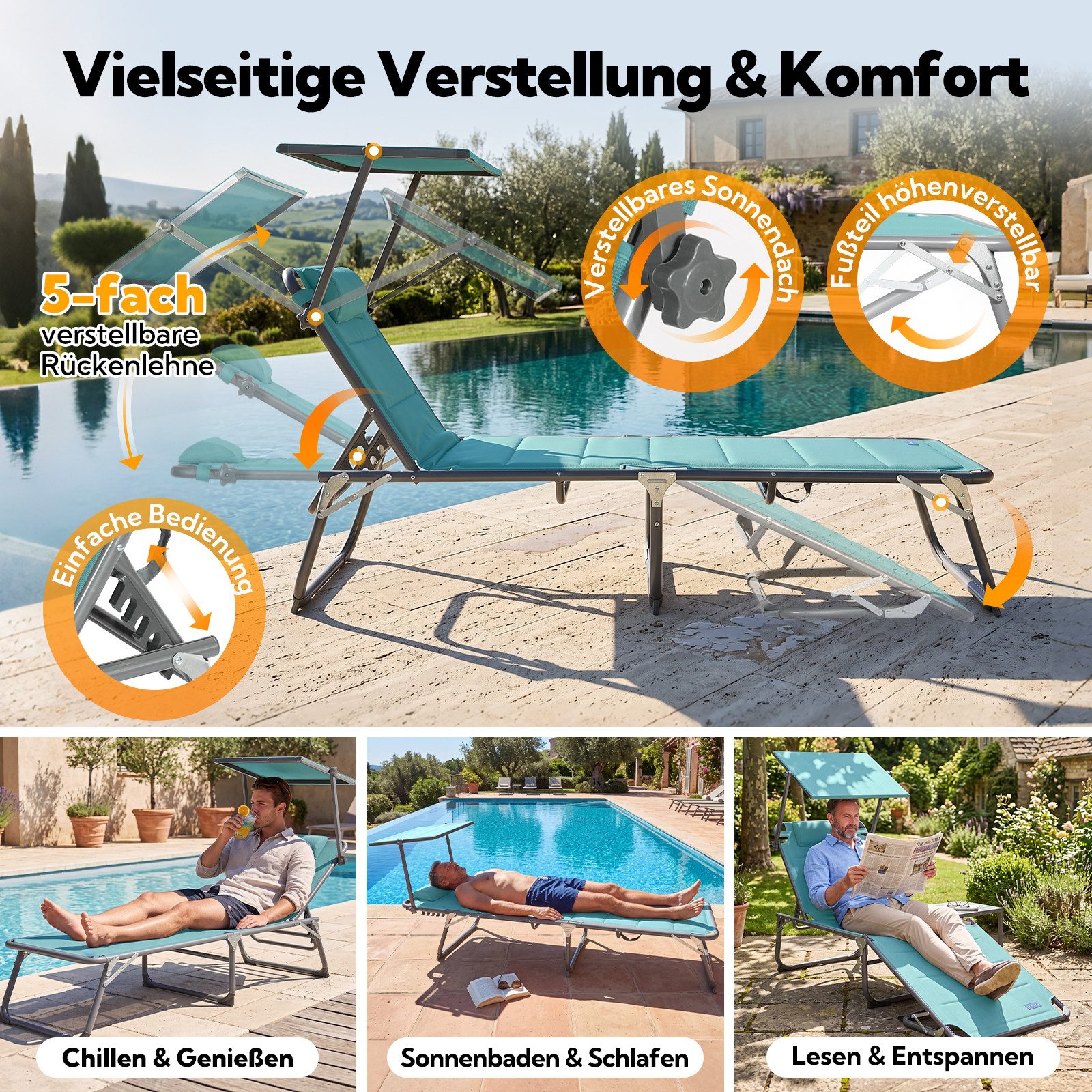 HOMECALL Gartenliege Sonnenliege AluLiege Liegestuhl Strandliege Liegen wetterfest, klappbar, Textilene Mit Dickemschnelltrocknende Schaumstoffpolsterung, Verst – Bild 3 von 5