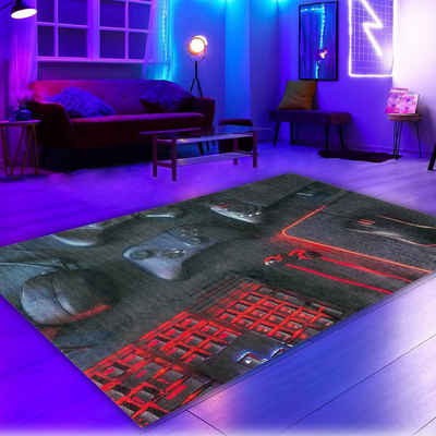 Teppich Gaming-Teppich mit Konsole und Joysticks in Schwarz und Rot, Carpetia, rechteckig, Höhe: 5 mm