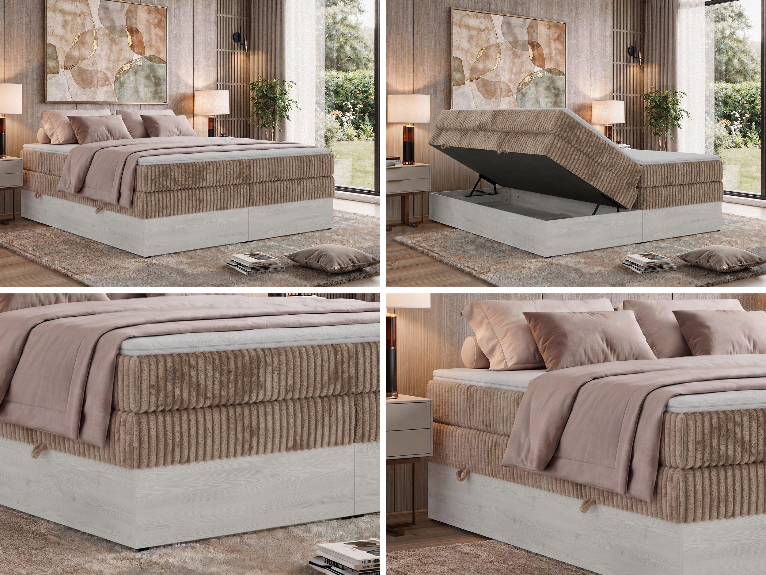 MKS MÖBEL Boxspringbett NORDIC ZERO KING (Boxbett mit dekorativen Holzelementen, kopfteillos, inklusive Multipocket-Matratze, 2 integrierte Bettkästen), Härtegrad H3/H4, wahlweise mit T25- oder Visco-Topper