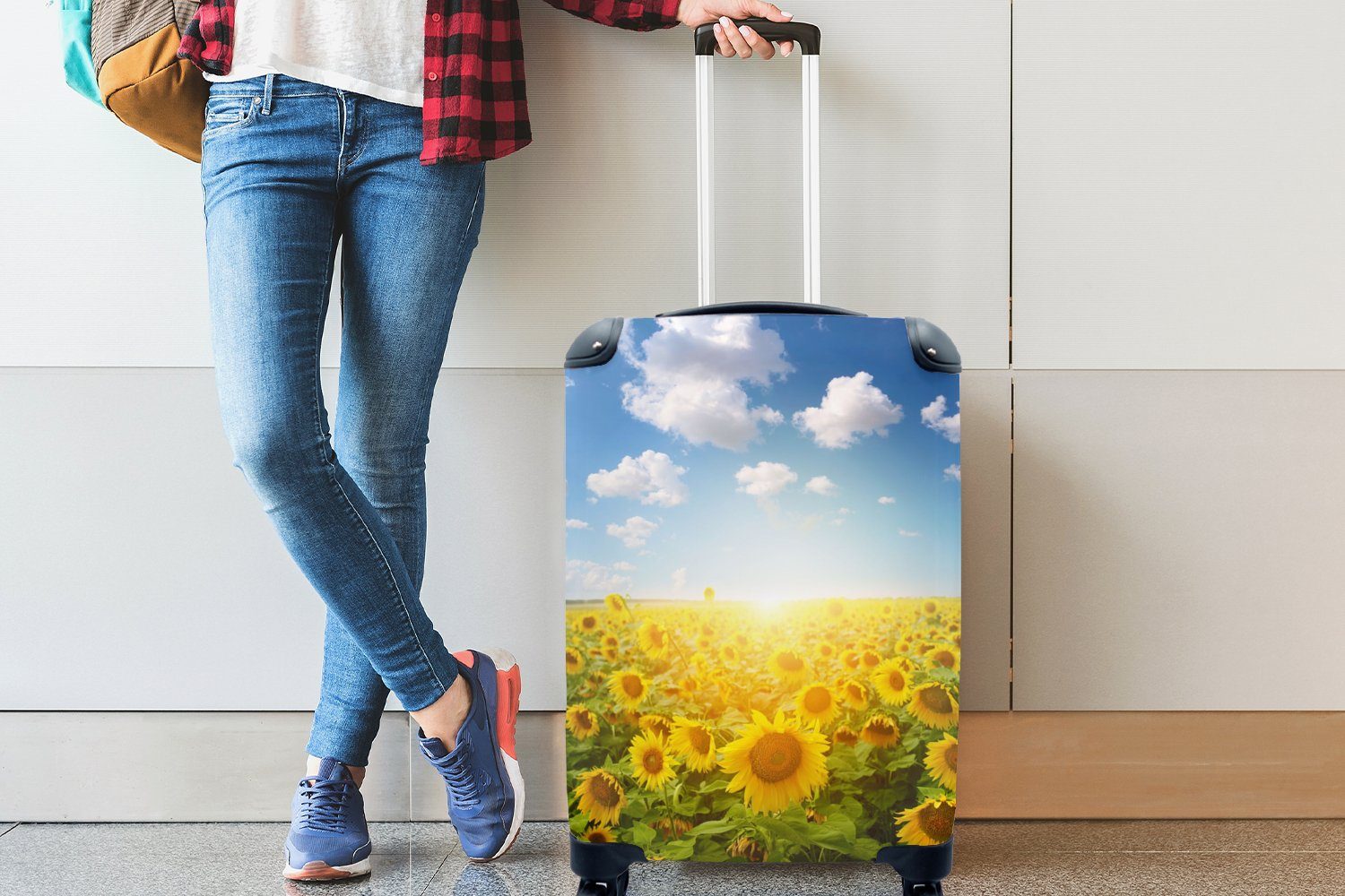 MuchoWow Handgepäckkoffer Sonnenblume Ferien, mit - - Reisetasche Reisekoffer für Wolken, Handgepäck Trolley, rollen, Sonne 4 Rollen