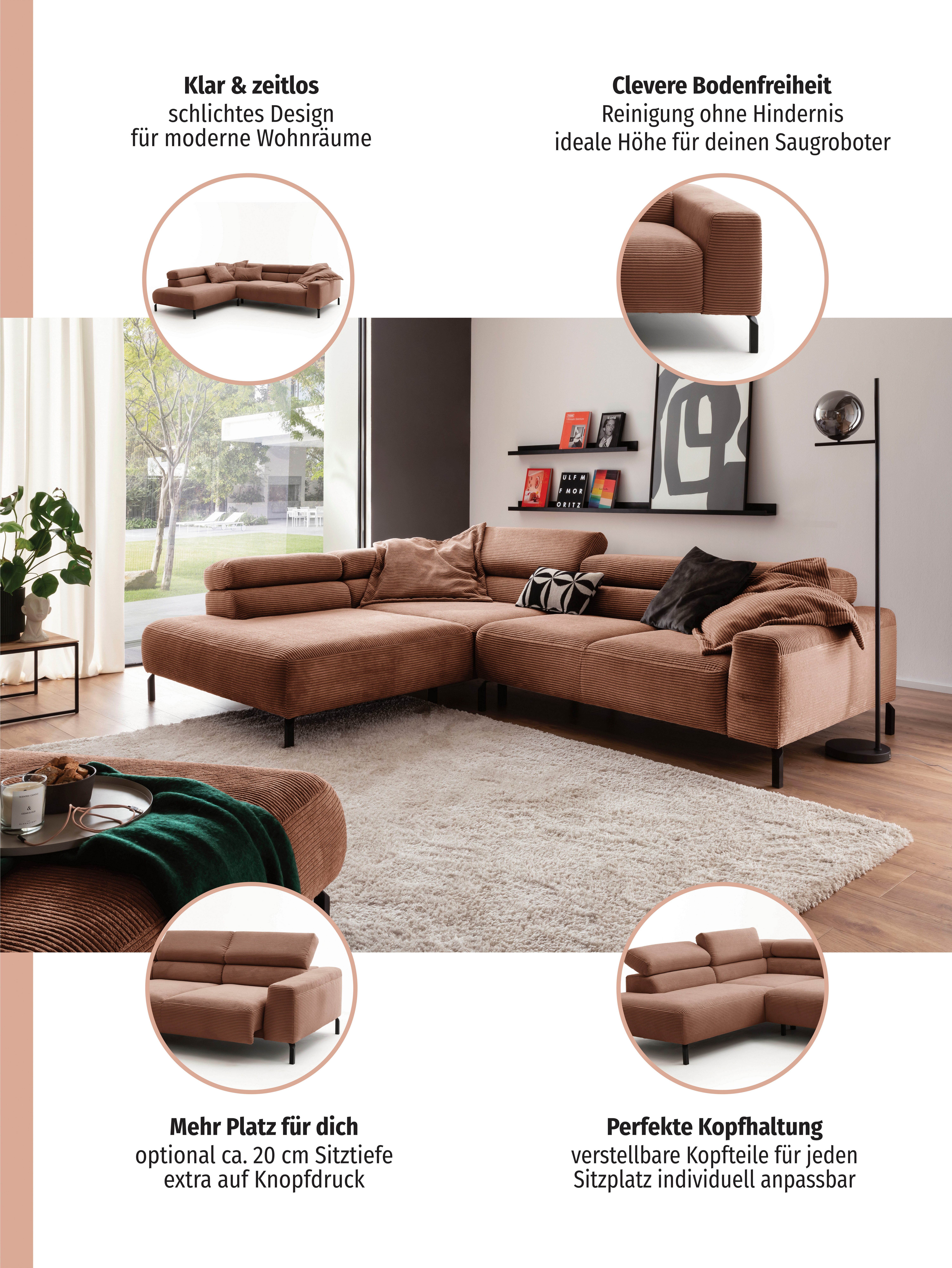 Home affaire Ecksofa Antonelli, L-Form, inkl. Kopfteilverstellung, Breite 276 cm, mit elektrischer Sitztiefenverstellung, in Cord, natur