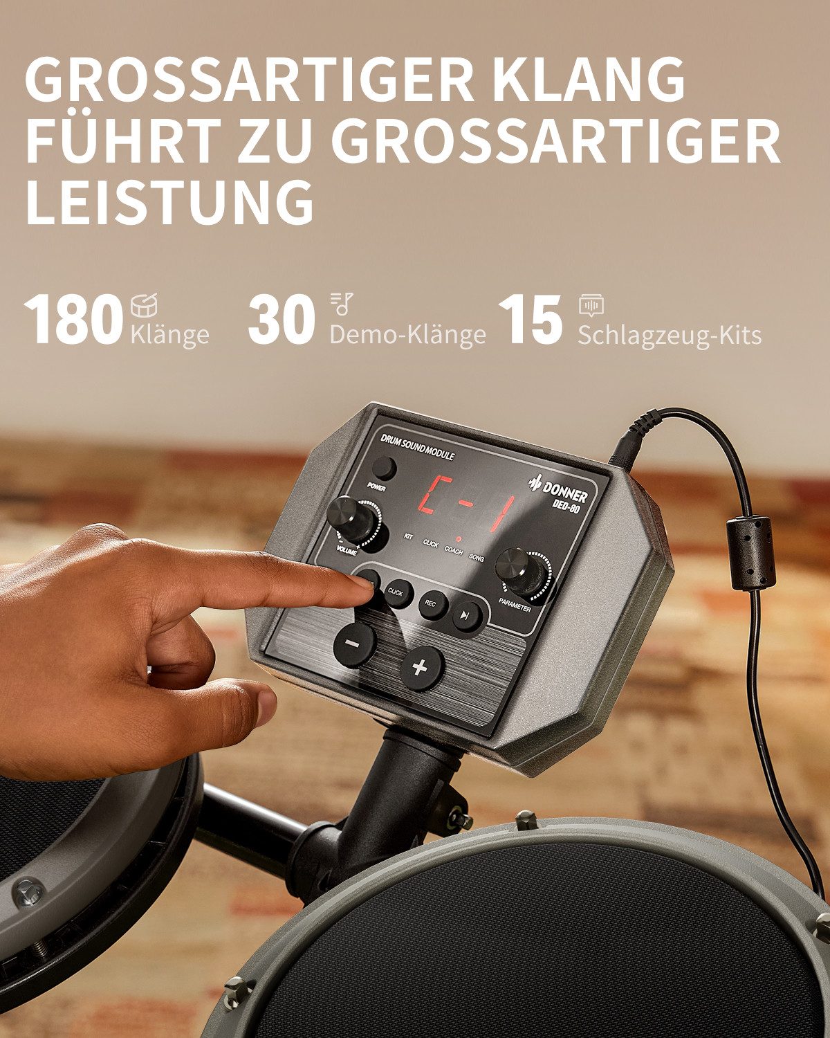 Donner E-Drum Elektronisches Schlagzeug mit 4 leisen Mesh-Pads DED-80,Ein komplettes E-Drum-Set, Kopfhörer/Sticks/Drumthron, 2 Pedale für leises Üben für Anfäng – Bild 3 von 5