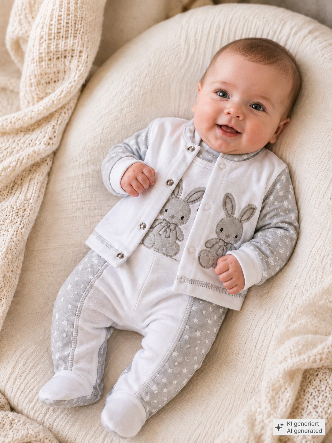 La Bortini Strampler Baby Anzug Set 2-teilig Hemdchen und Stramplerhose neutral (mit Sternchenmuster und Hasen Aufdruck, für Neugeborene, Jungen und Mädchen, unisex) unisex, in grau weiß, 44 50 56 62 68 74