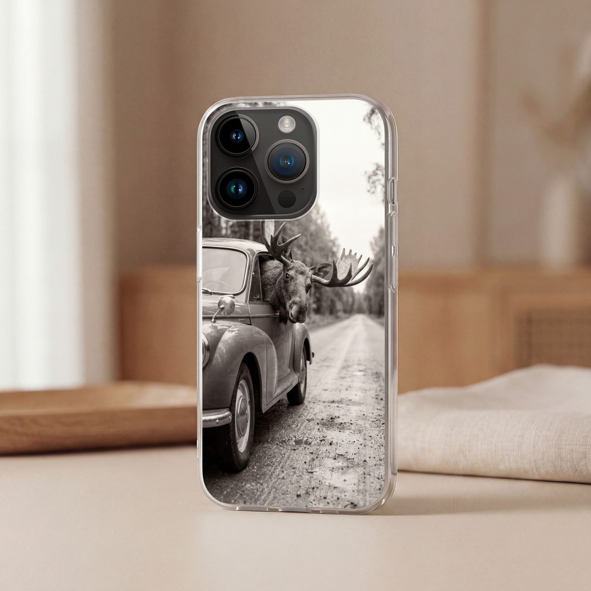 MuchoWow Handyhülle für Apple iPhone 14 Pro Elch - Auto - Geweih - Schwarz - Weiß, Smartphone-Bumper, Print, Handy Schutzhülle Dünn