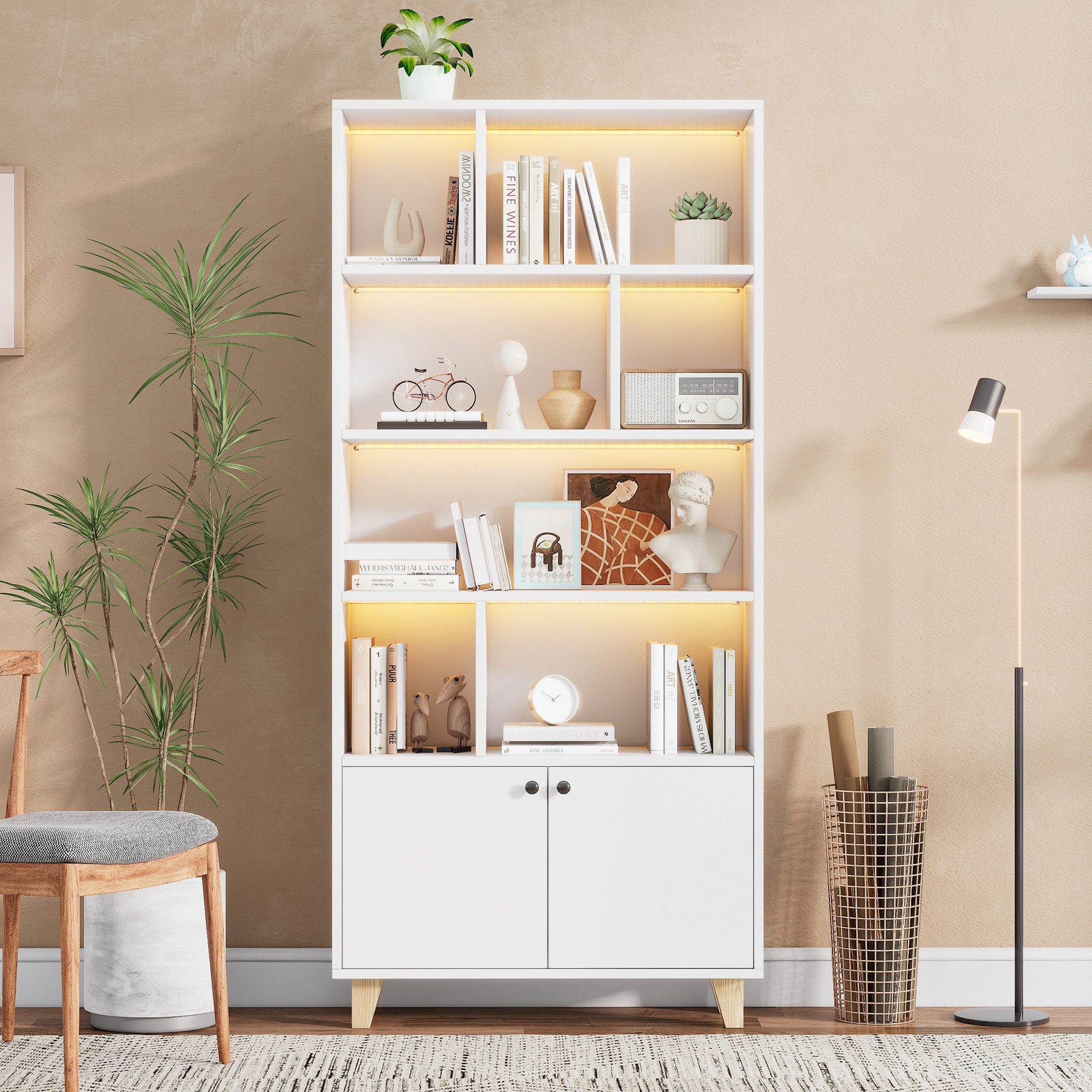 Merax Bücherregal Bücherschrank mit LED-Ambientebeleuchtung, 80x30x173 cm 1-tlg., Aufbewahrungschrank mit 7 Fächern, Doppeltüren und Massivholzbeinen