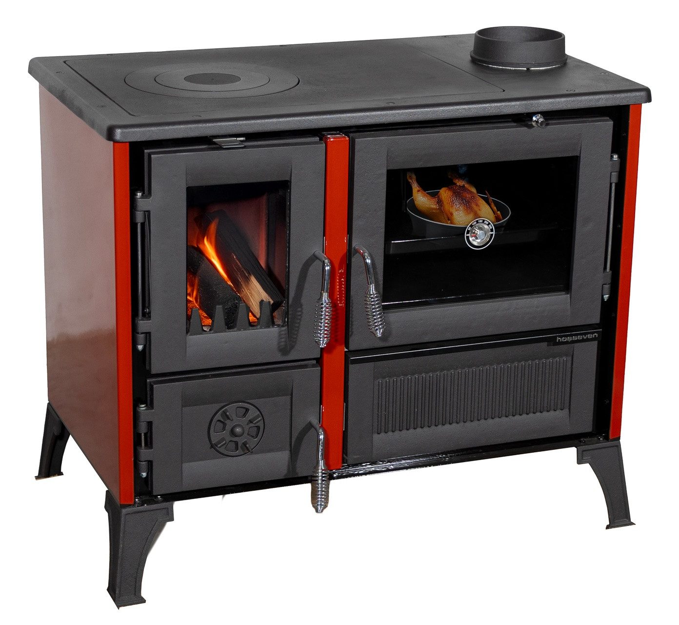 Hosseven Kaminofen mit Backfach und Herdplatte 4013 Rot Holzofen 8 kW Holz Ofen, 8 kW, Dauerbrand, Mehrfachbelegung Kamin Heizofen Küchenherd