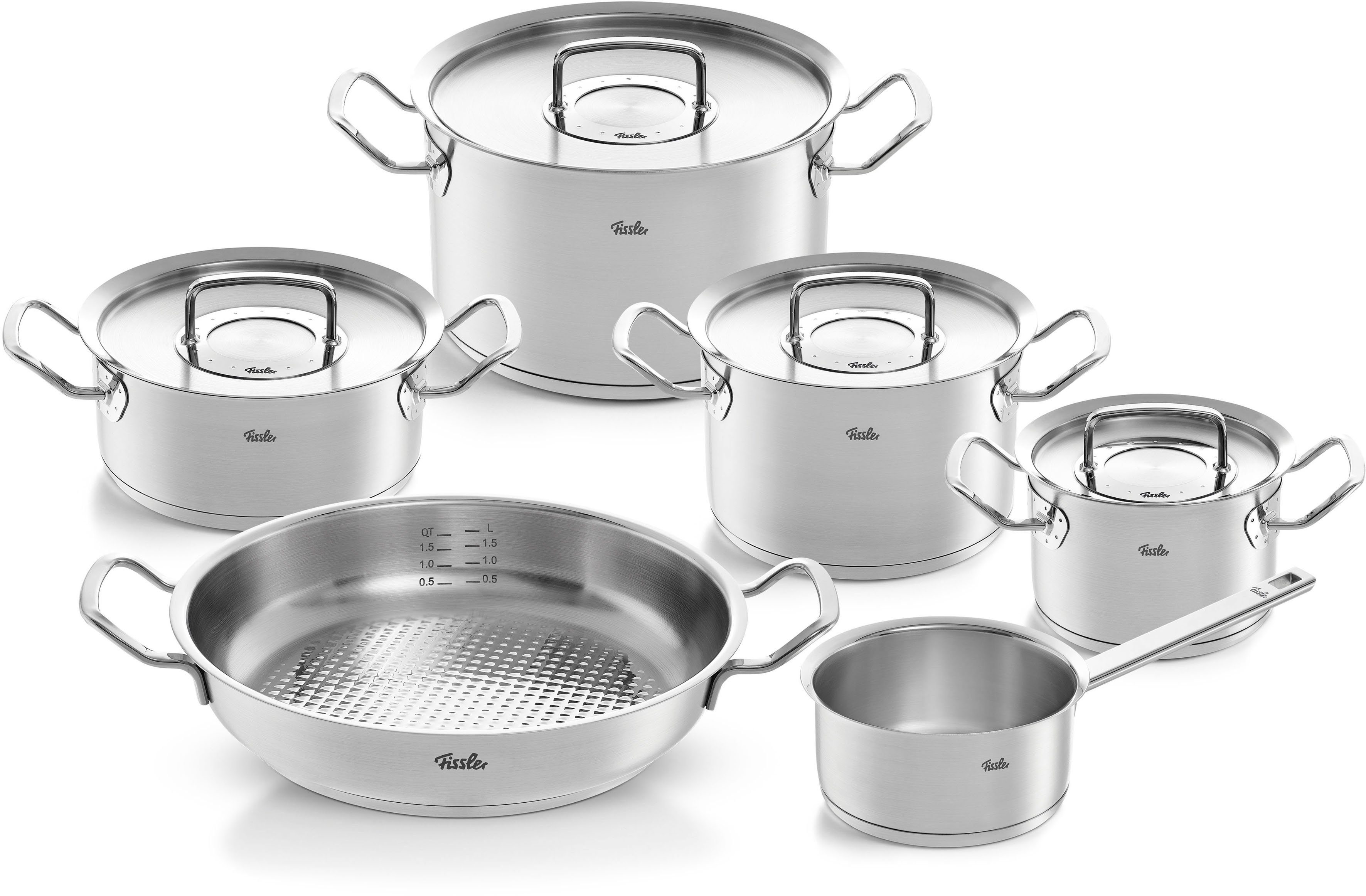 Fissler Topf-Set Original-Profi Collection, Edelstahl 18/10 (Set, 6-tlg., Kochtopf 16/20/24cm, Bratentopf 20cm, Kasserolle 16cm, Pfanne 28cm), induktionsgeeignet, Metalldeckelausführung, Made in Germany