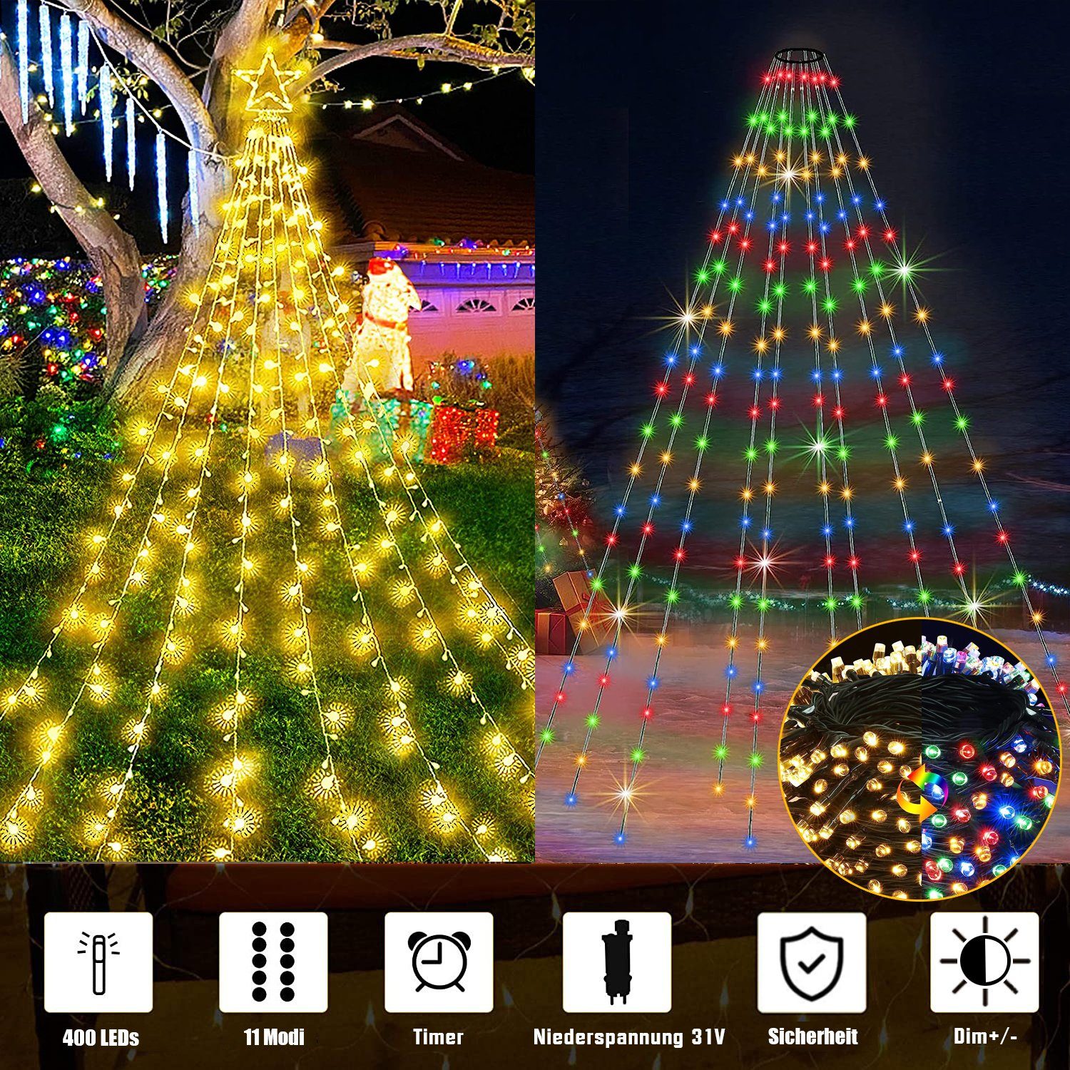 XIIW LED-Lichtervorhang 400 LED Weihnachtsbaum Lichterkette  Christbaumbeleuchtung mit Ring 2M, Warmweiß & RGB Lichternetz mit 16  Stränge, Timer, 11modi, 31V, IP44