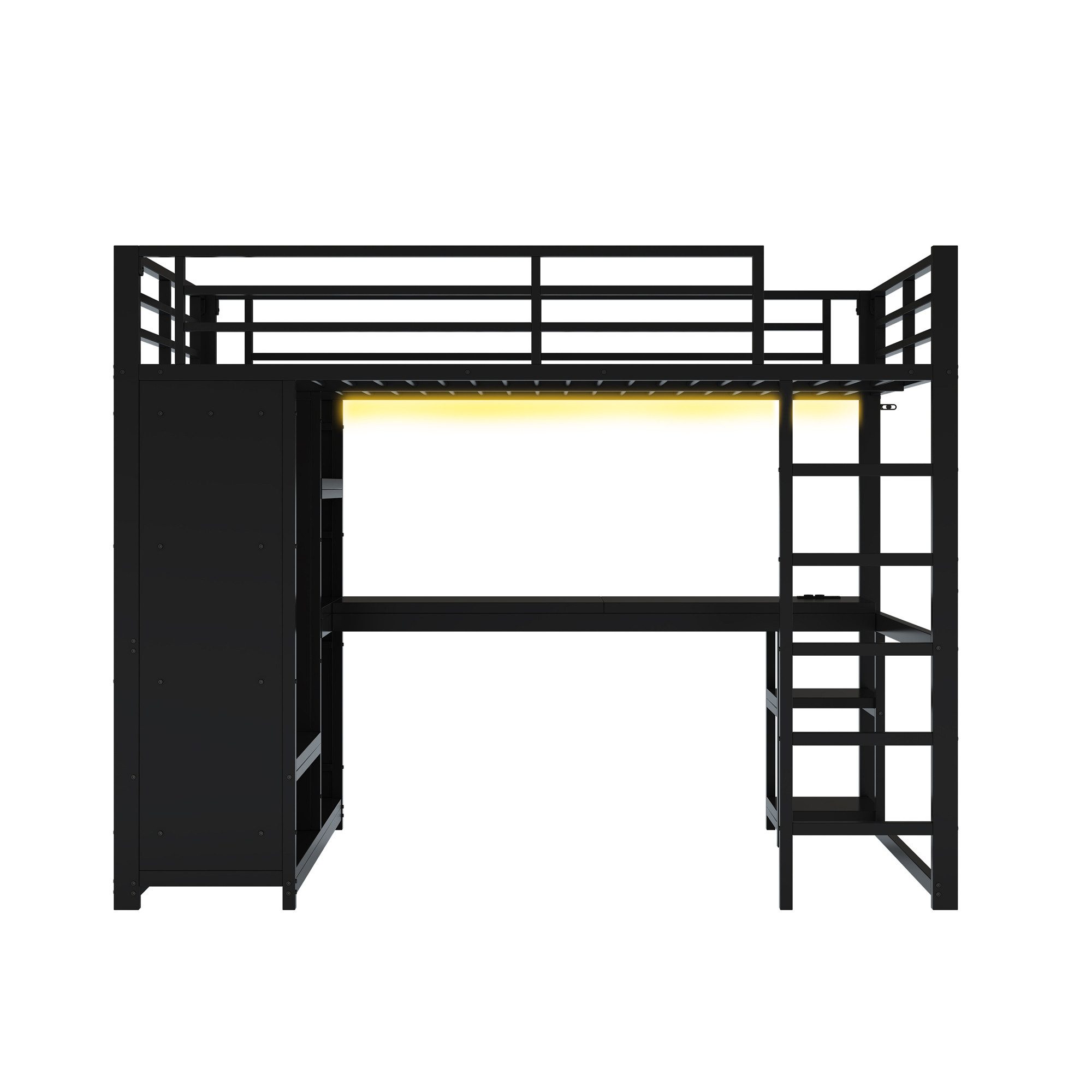 Merax Loft Bed (Youth Bed, Children's Bed, Single Bed, Play Bed, 1-Piece) Metal Bed 140x200cm with LED, Desk, Wardrobe, and Storage Compartments
