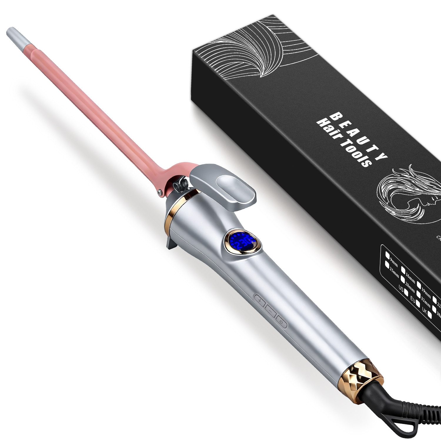 HS Onsing Lockenstab 9mm Lockendreher 130-230℃ mit LED-Anzeige Verbrühungsschutzklemmen, Keramik-Turmalin-Beschichtung, 30S schnelles Erhitzen zur Flauschiges lockiges Haar