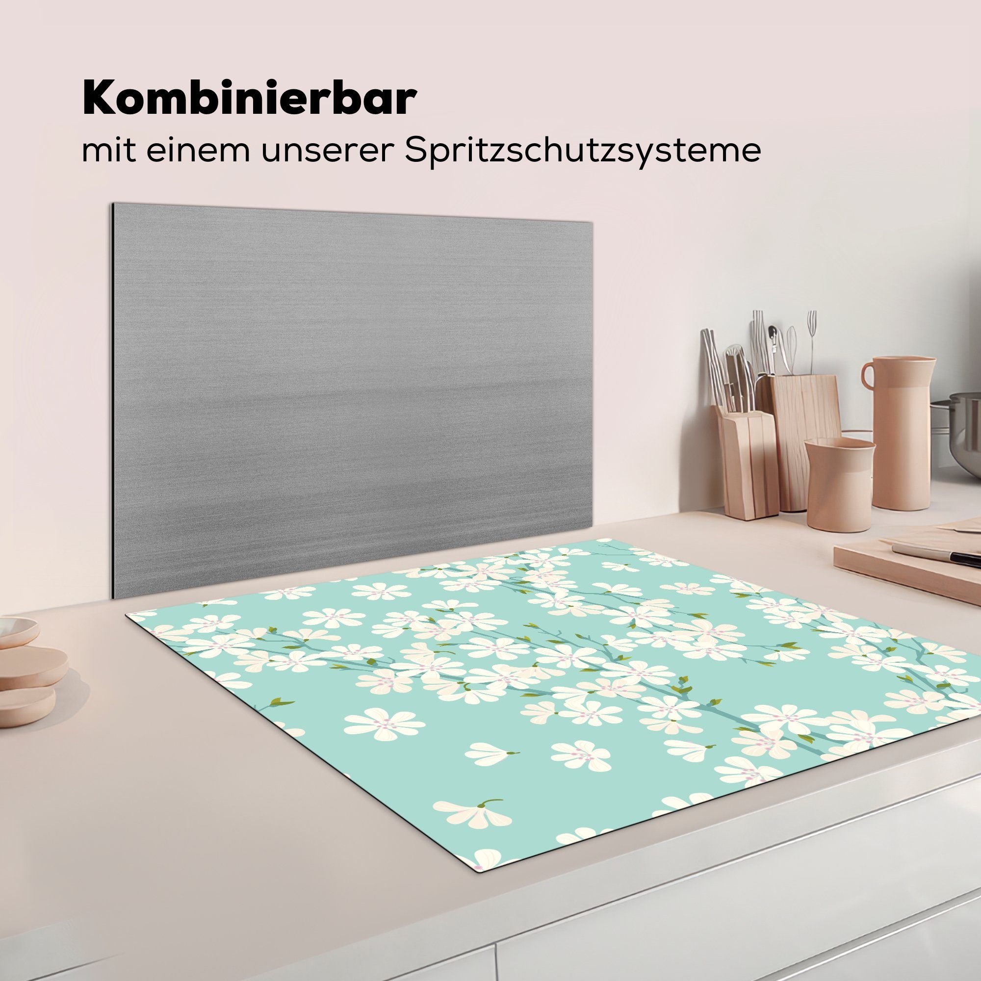 für (1 Arbeitsplatte 78x78 Muster, Vinyl, - MuchoWow Sakura Ceranfeldabdeckung, Blumen Herdblende-/Abdeckplatte tlg), küche cm, -