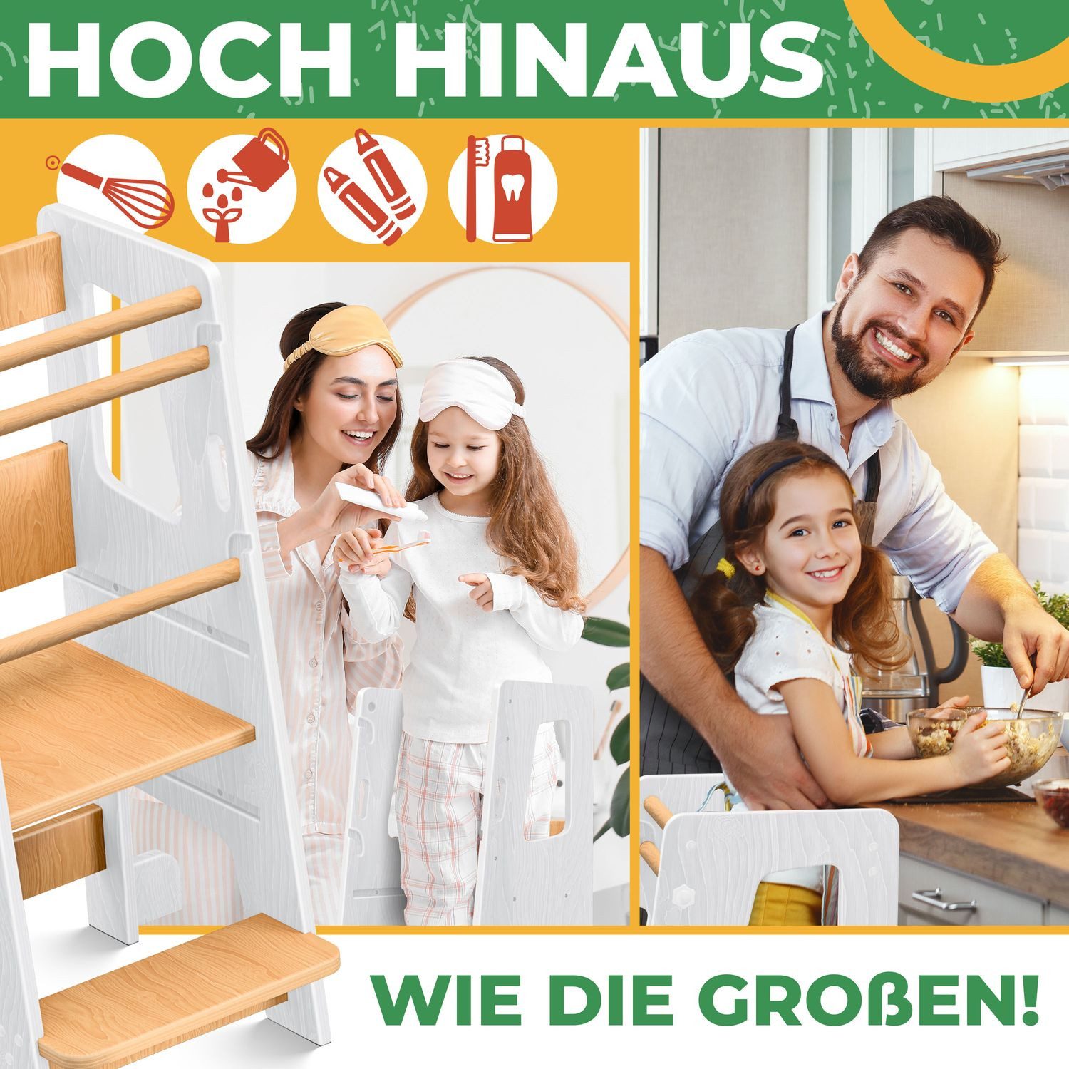 KIDIZ Stehhilfe Montessori Lernturm aus Kiefernholz ab 1 Jahr & bis 50 kg belastbar (Tritthocker inklusive Lernuhr & abnehmbarer Anti-Kipp-Schutz), 3-stufig Höhenverstellbar, spielerisch motorische Fähigkeiten fördern