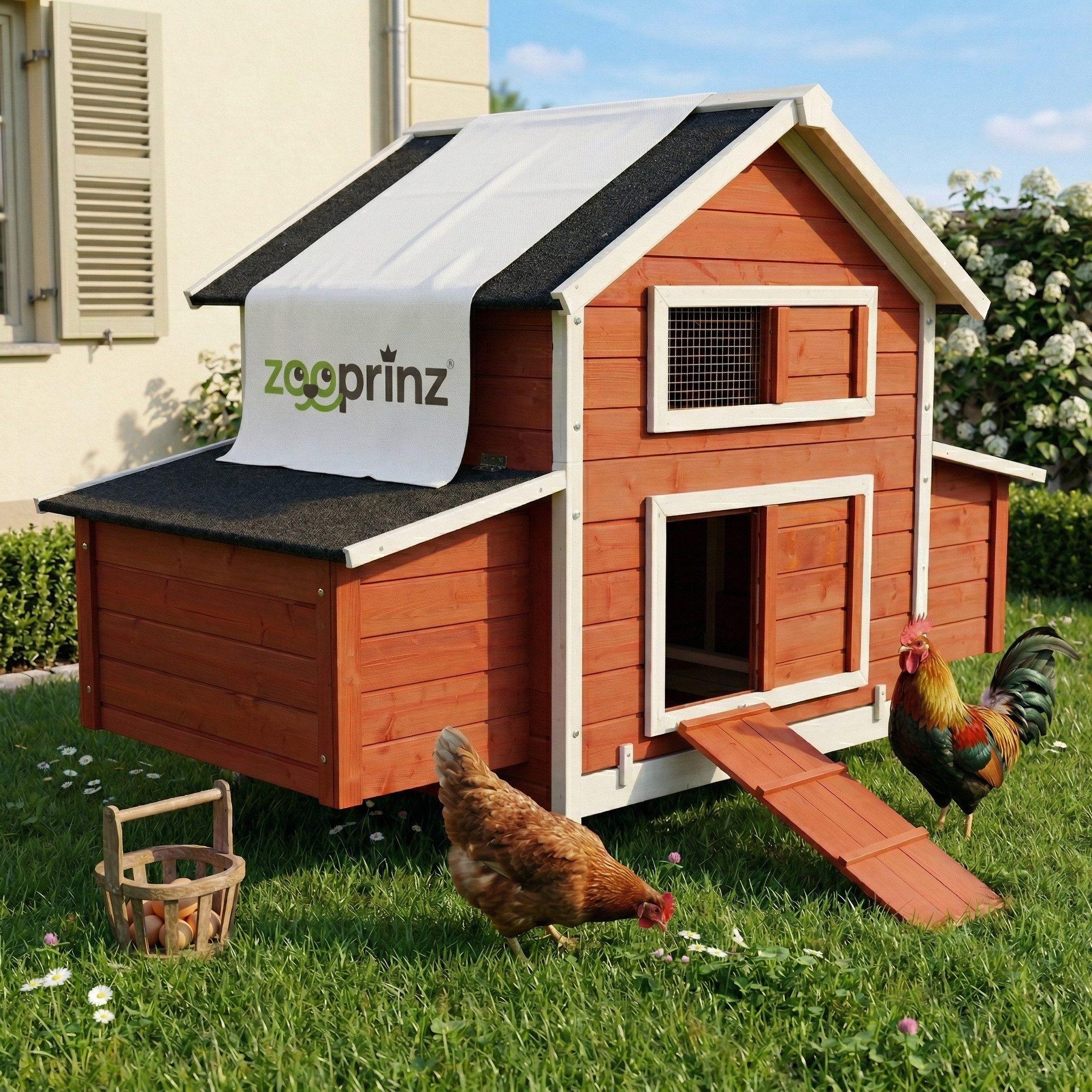 Zooprinz Hühnerstall Betty mit oder ohne Auslauf 301x113x171 cm (BxHxT), Regen- und Sonnendach, Nistkasten mit Klappdeckel