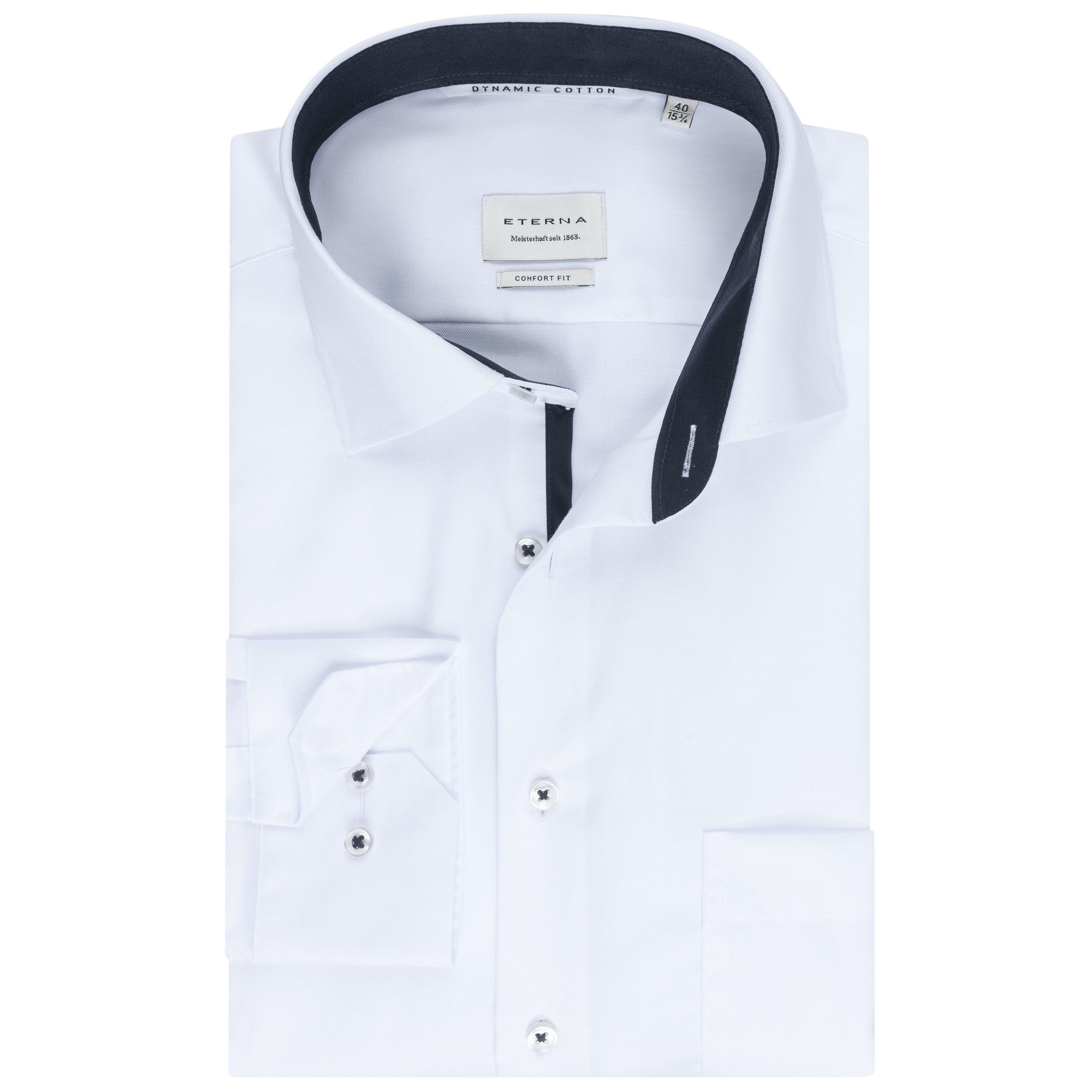 Eterna Langarmhemd Comfort Fit, Weiß, Twill, 100 % Baumwolle, Bügelfrei Regular Langarm 65cm I Kentkragen mit Besatz