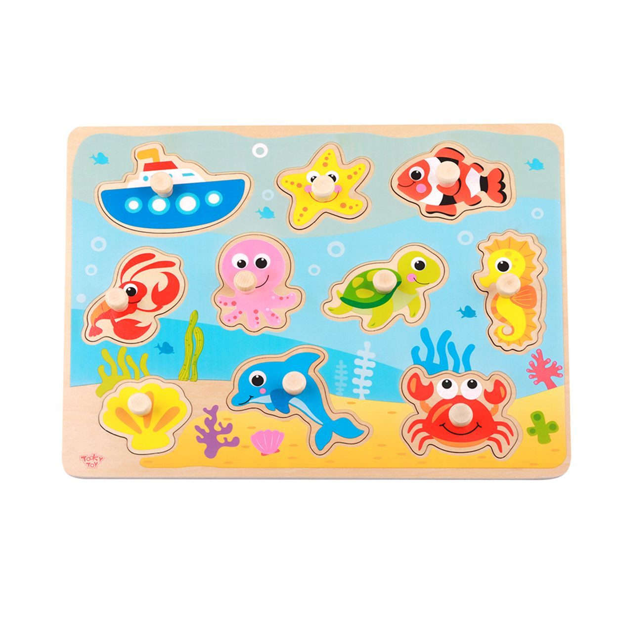 Tooky Toy Steckpuzzle Marine TY856, 11 Puzzleteile, Holz, 11-teilig, 10 Puzzleteile, Meerestiere, Griffe, Steckspiel