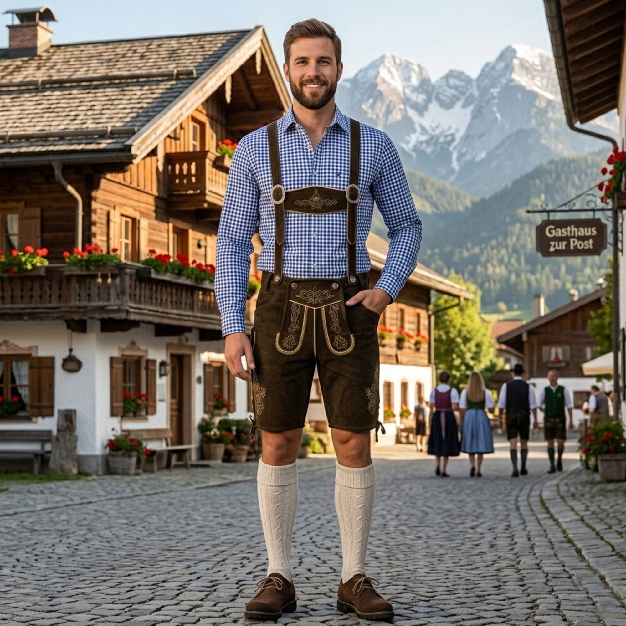 German Wear Trachtenlederhose Trachten Set + Hemd Blue (5-Teilig Set) Trachten Set Hose, Hemd, Schuhe, Socken & Hosenträger