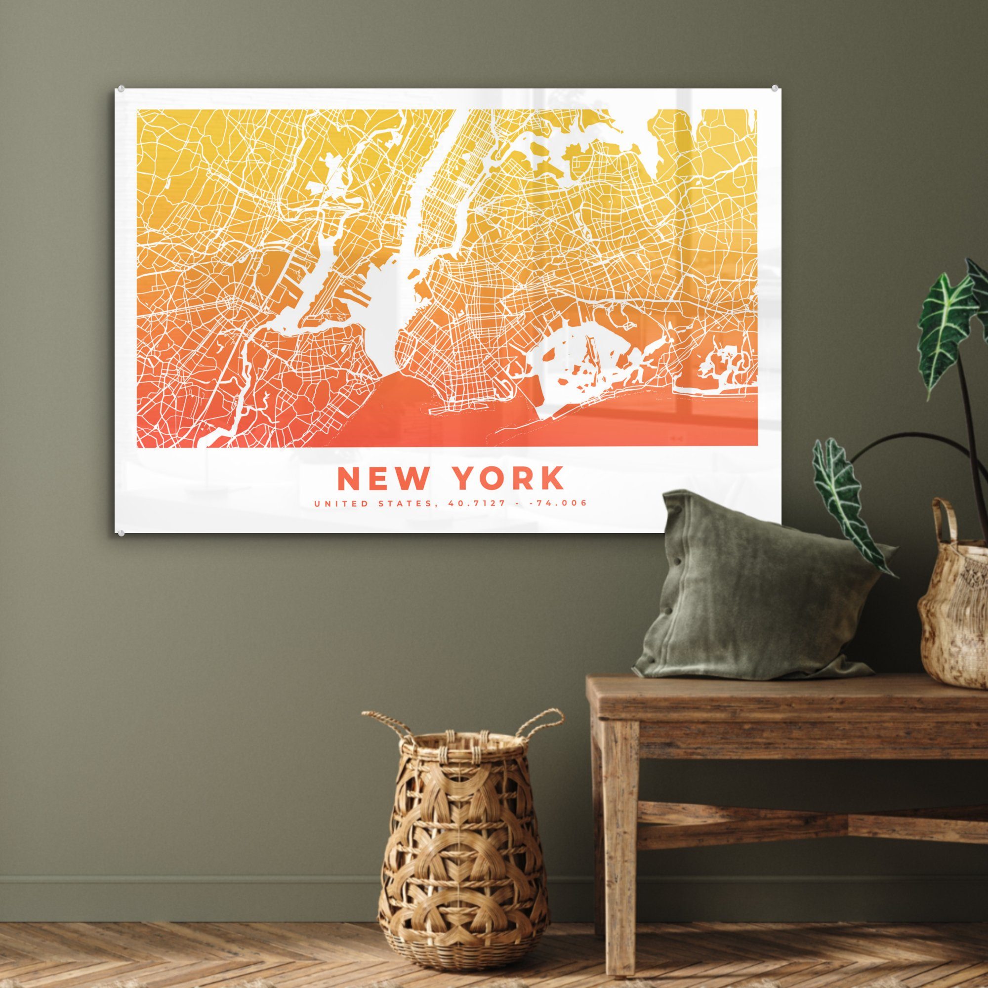 Acrylglasbild & Wohnzimmer Amerika Stadtplan, St), MuchoWow Acrylglasbilder - Schlafzimmer - (1 New York