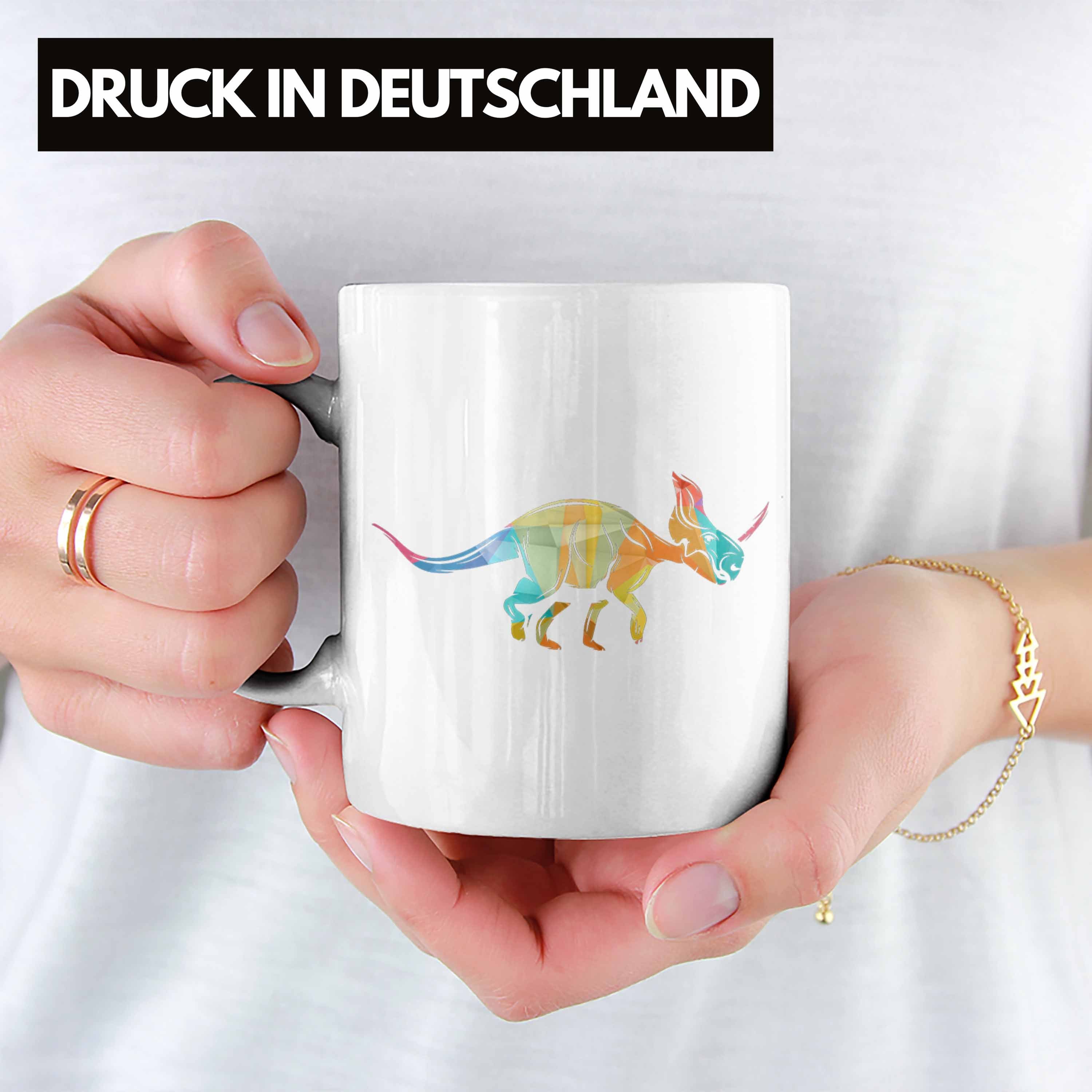 Trendation Tasse Trendation - Polygon Bunt Grafik Triceratops Tasse Dinosaurier Weiss