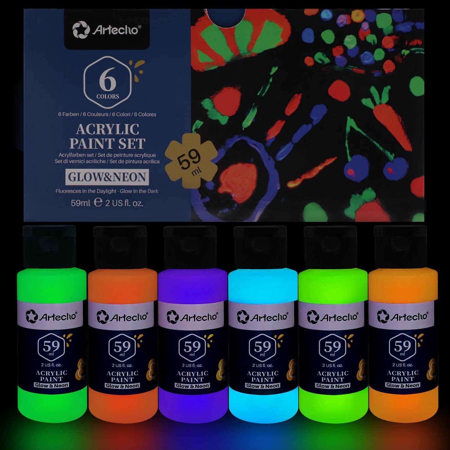 Artecho Acrylfarbe Neon & Glow Farben – 6 x 59 ml / 8 x 20 ml – für Anfänger & Profis, Leuchtende Neonfarben unter Schwarzlicht & dezenter Glow-Effekt