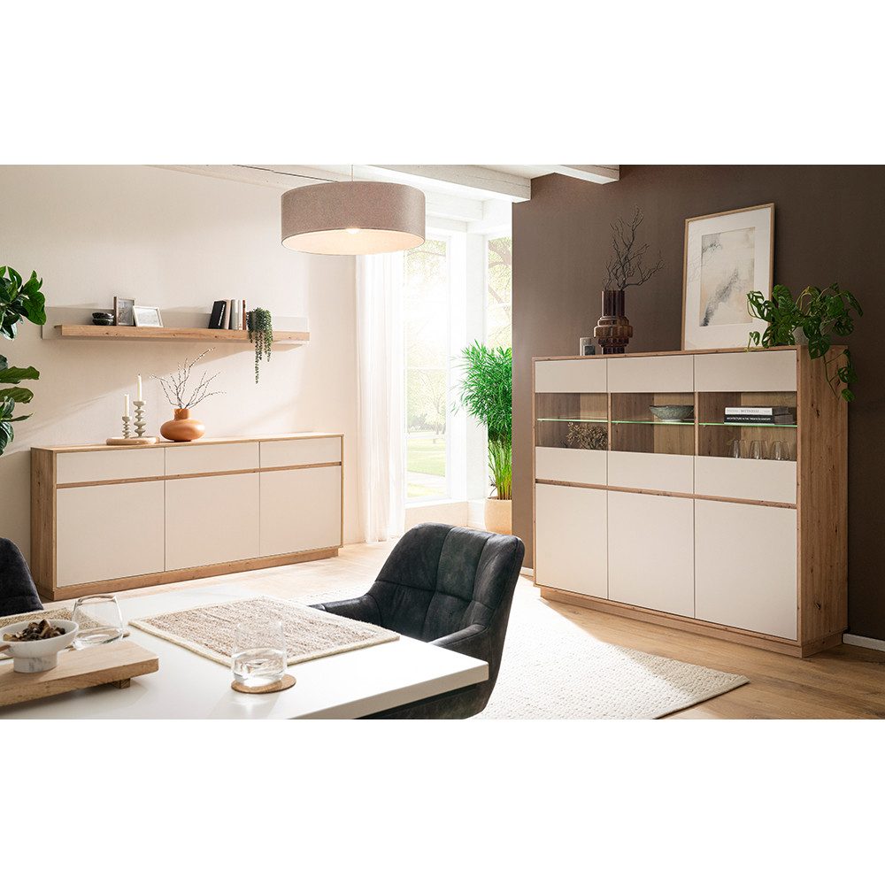 Lomadox Wohnzimmer-Set SITTEN-61, (Mega-Spar-Set, 3-St., Sideboard Wandboard Highboard inkl. Beleuchtung), Eiche mit Kaschmir Beige, inkl. Beleuchtung, Türen mit Softclose