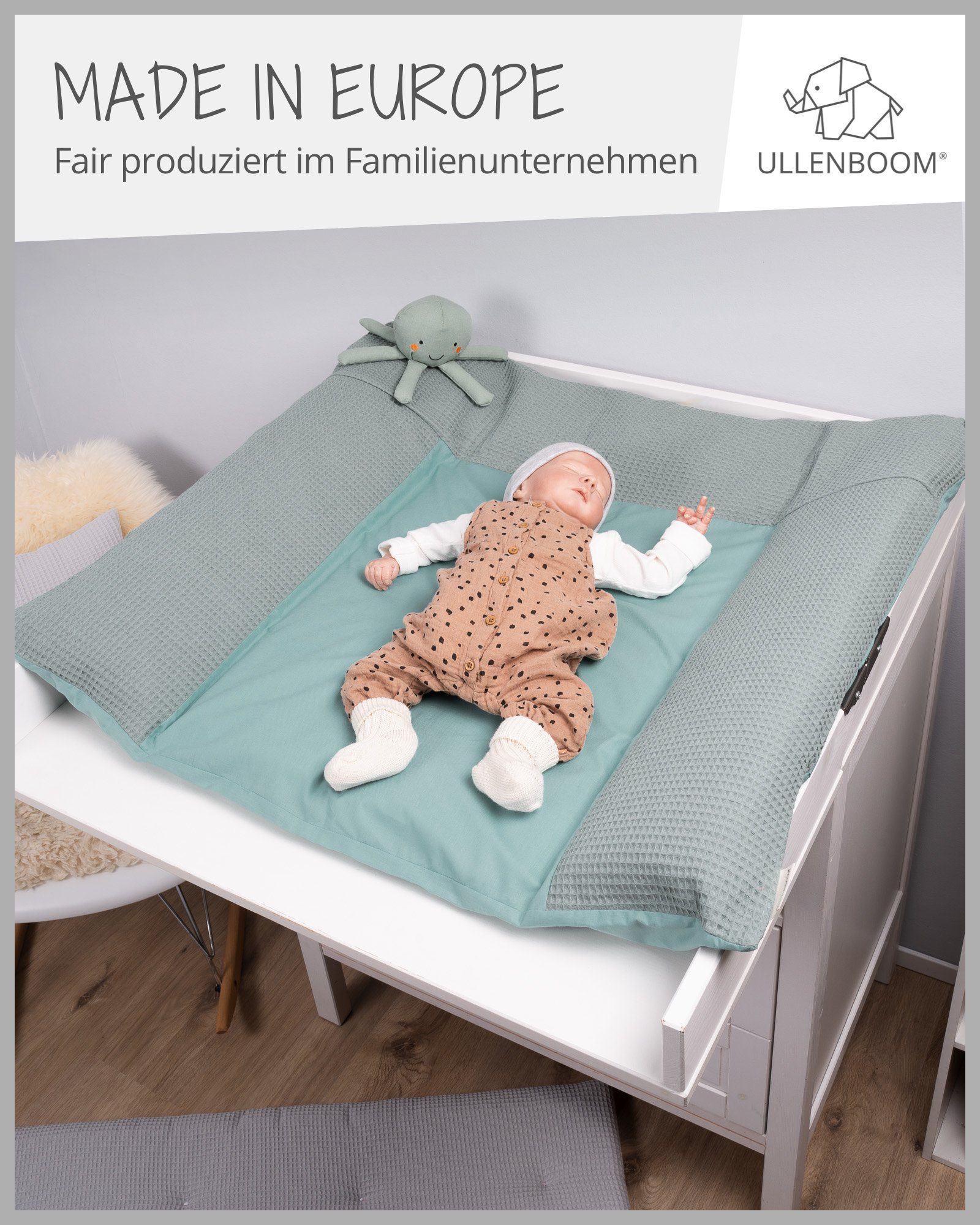 ULLENBOOM ® Wickelauflagenbezug Baumwolle 75x85 mit cm, 100% in EU), Bezug (Made Salbeigrün, Wickelauflagenbezug Hotelverschluss