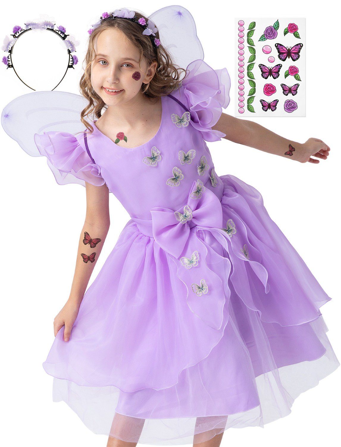 Corimori Prinzessin-Kostüm Prinzessin Kleid Kostüm-Set für Kinder  Schmetterling, mit Tattoos & Haarband, Feen-Kleid, Fasching, lila, Fee,  Mädchen