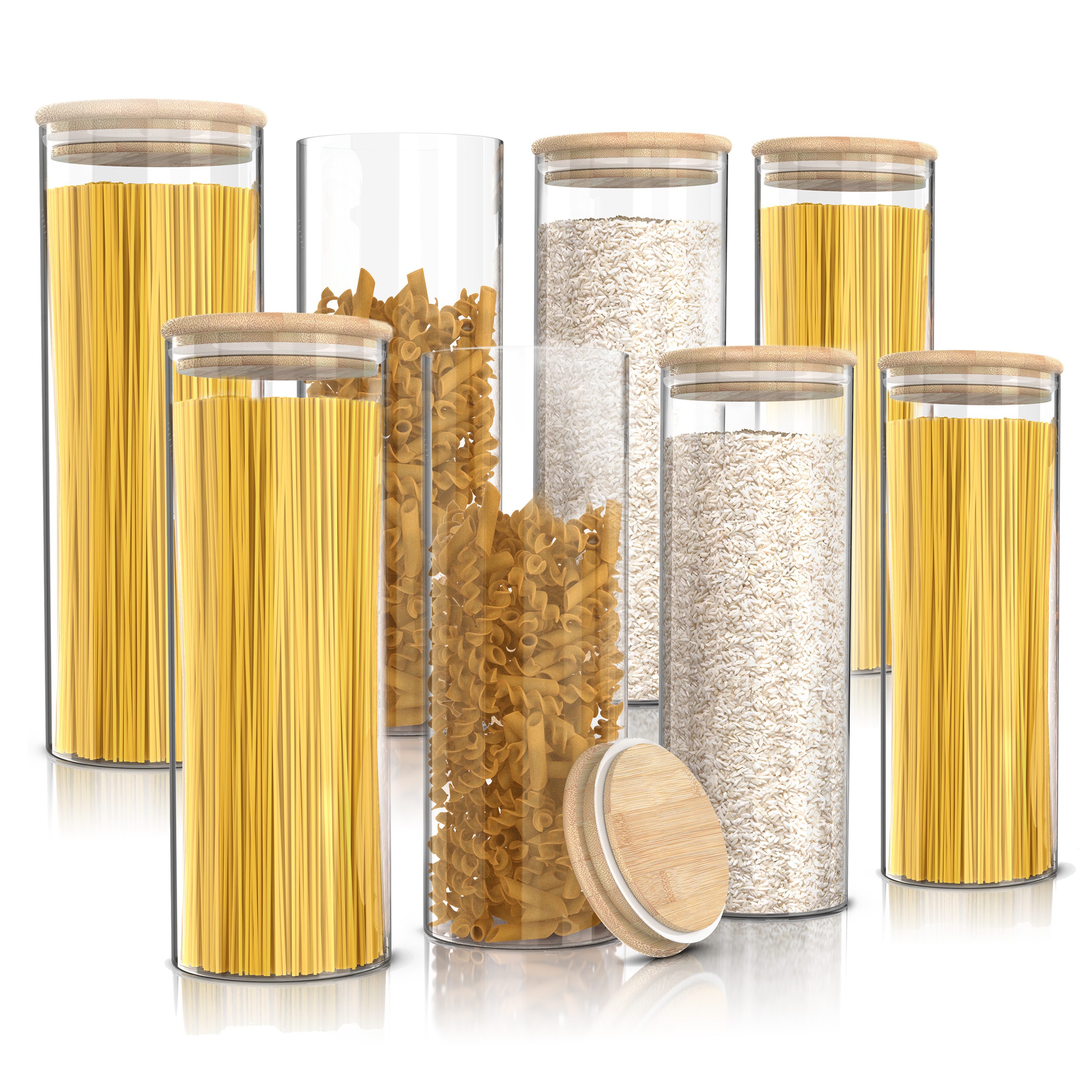 Arendo Aufbewahrungsbecher Glasbehälter-Set 8x 2,2 L Borosilikatglas mit Bambusdeckel, luftdicht, Borosilikatglas, Bambus, Silikon, (Vorratsbehälter-Set, 8-tlg., 8er Set), Hitzebeständig, umweltfreundlich, langlebig, mikrowellengeeignet