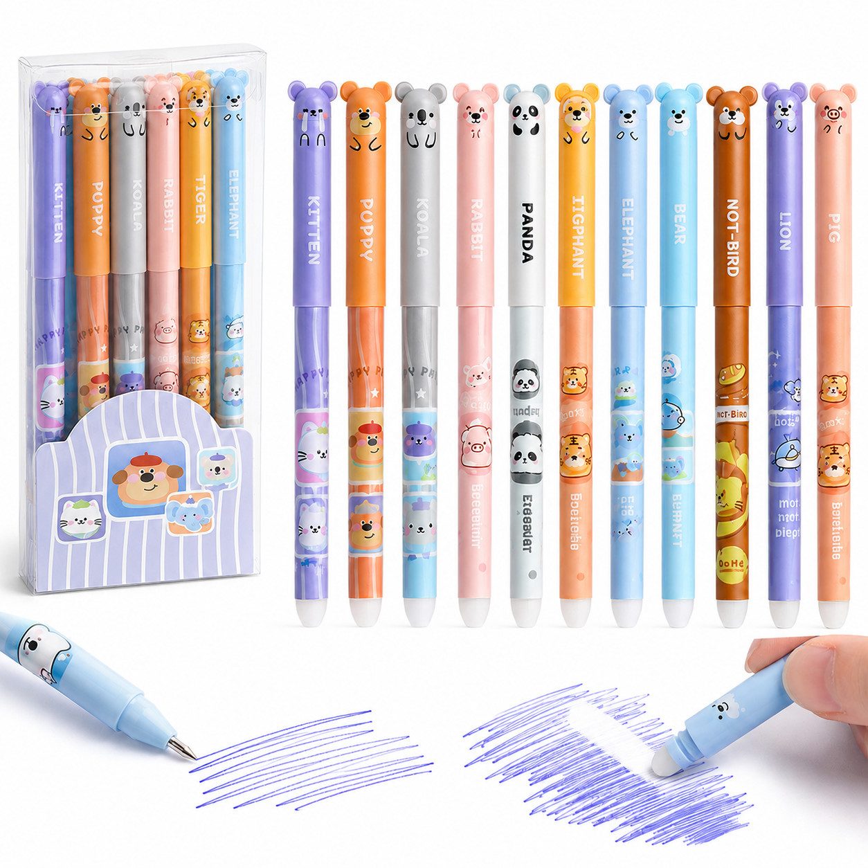 ibettertec Gelschreiber Radierbarer Kappen-Gelstift, gleichmäßiger Tintenfluss in Kohleschwarz, (Set, 12-tlg., Leichtes und strapazierfähiges ABS‑Gehäuse), Niedliche Cartoon‑Motiv‑Stifte in verschiedenen, kindgerechten Designs