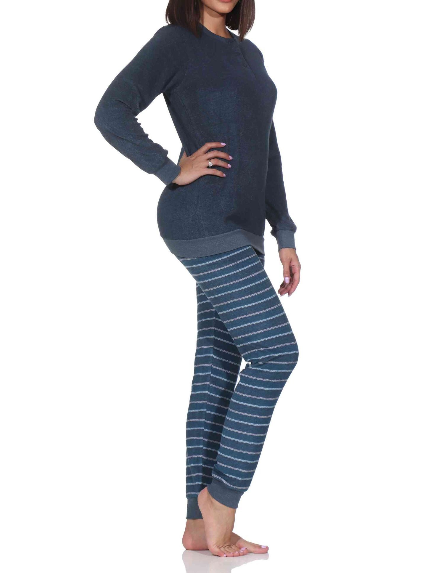 Normann Pyjama Normann Damen Frottee Schlafanzug langarm mit Bündchen Hose gestreift – Bild 2 von 5