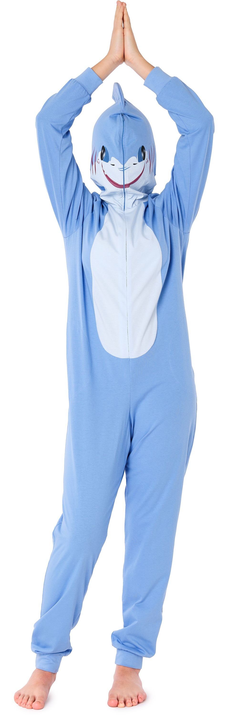Ladeheid Schlafanzug Mädchen Schlafoverall aus Baumwolle Tiermotiv mit Kapuze LA40-233 mit Kapuze Blau Hai