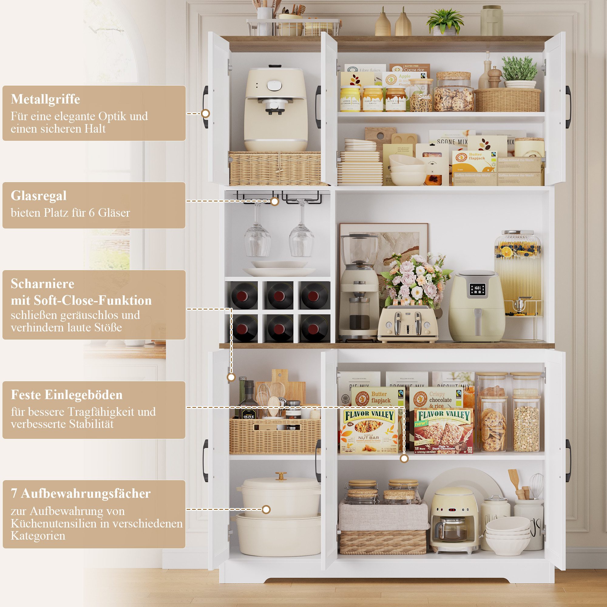 HOMECHO Küchenbuffet Küchenschrank mit Arbeitsplatte Buffetschrank mit 6 Türen Flaschenhalter und Glashalter 180x106x37cm