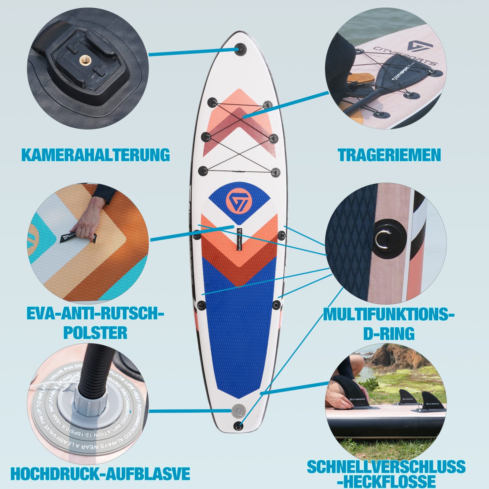 CITYSPORTS Inflatable SUP-Board aufblasbares Stand Up Paddle Board set bis 160/220 kg, Komplettset mit Paddel, Pumpe, Rucksack, Leash, Finnen & Kajak-Sitz