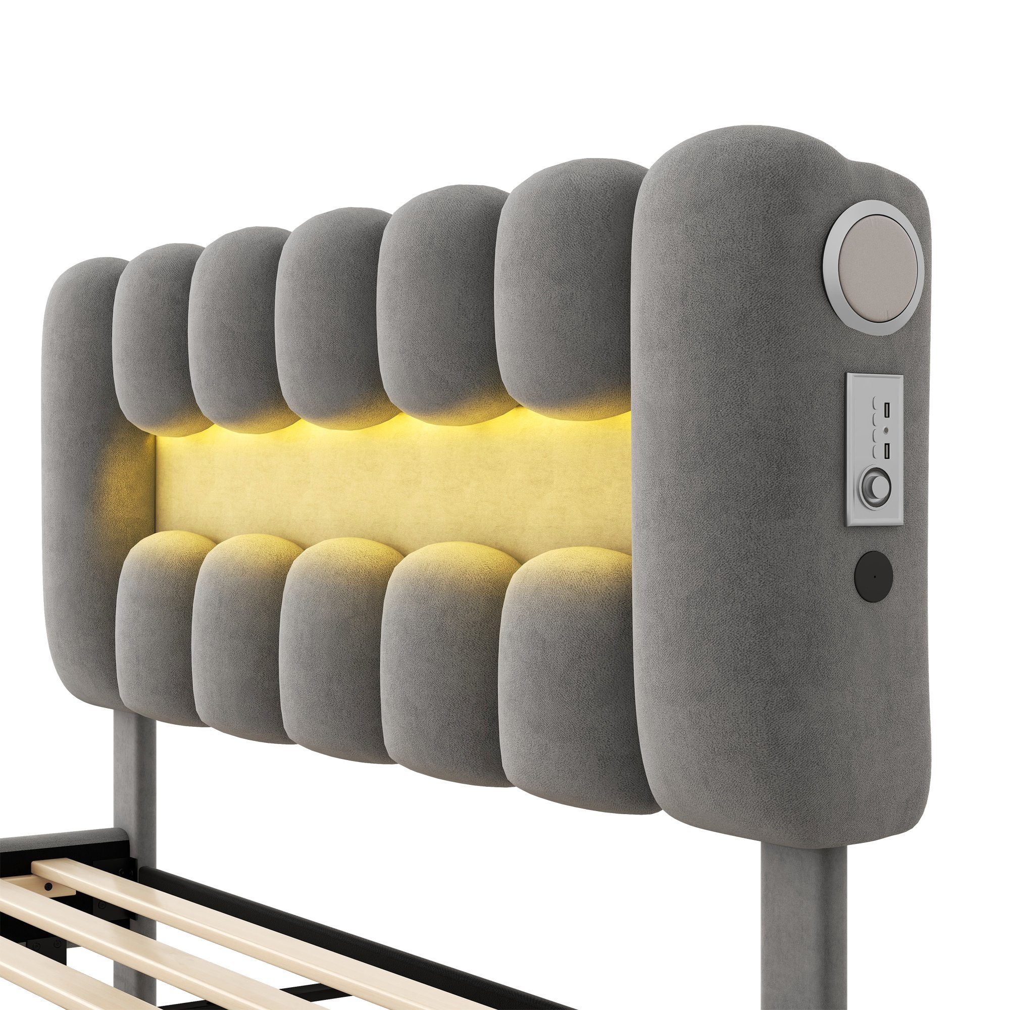 Stauraumbett ohne und (Bett Polsterbett mit 4 Doppelbett mit Funktionsbett x Grau USB Schubladen Stereoanlage), LED-Lichtleiste WISHDOR 140 200cm Matratze mit