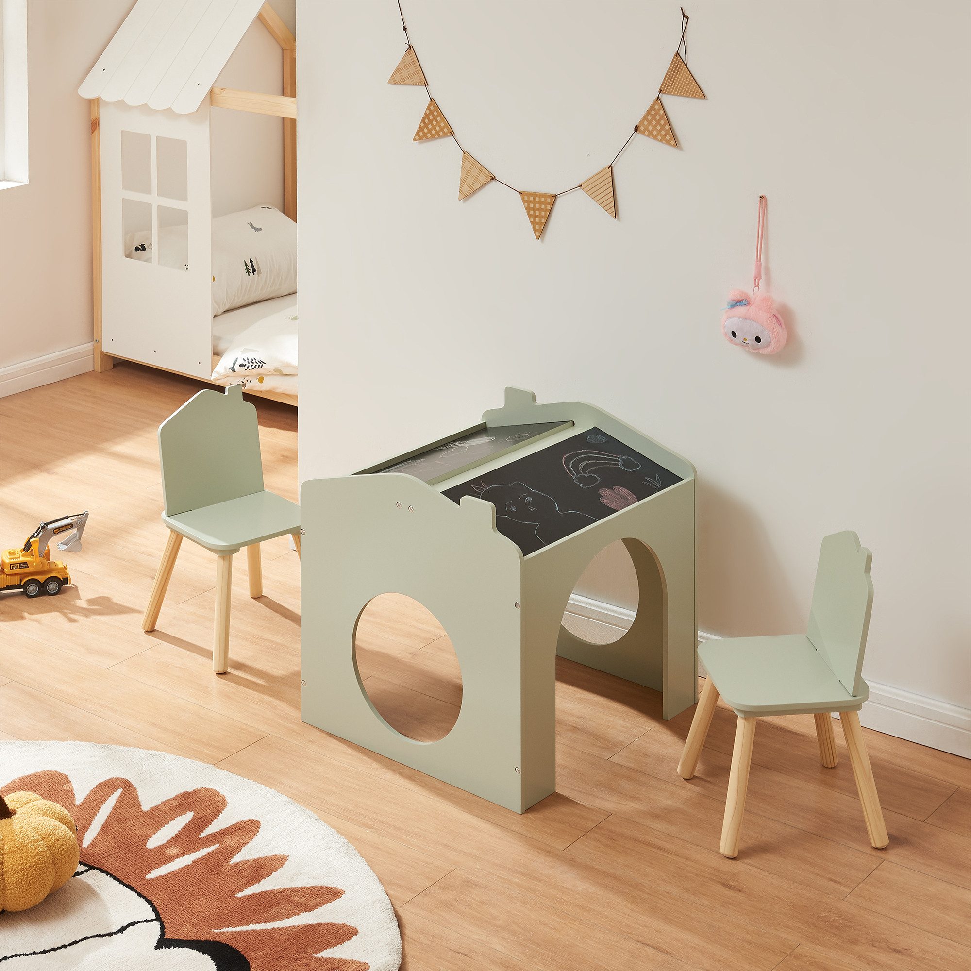 en.casa Kinderschreibtisch, »Romso« Zeichentisch für Kinder Kindertischset mit 2 Stühlen Mintgrün