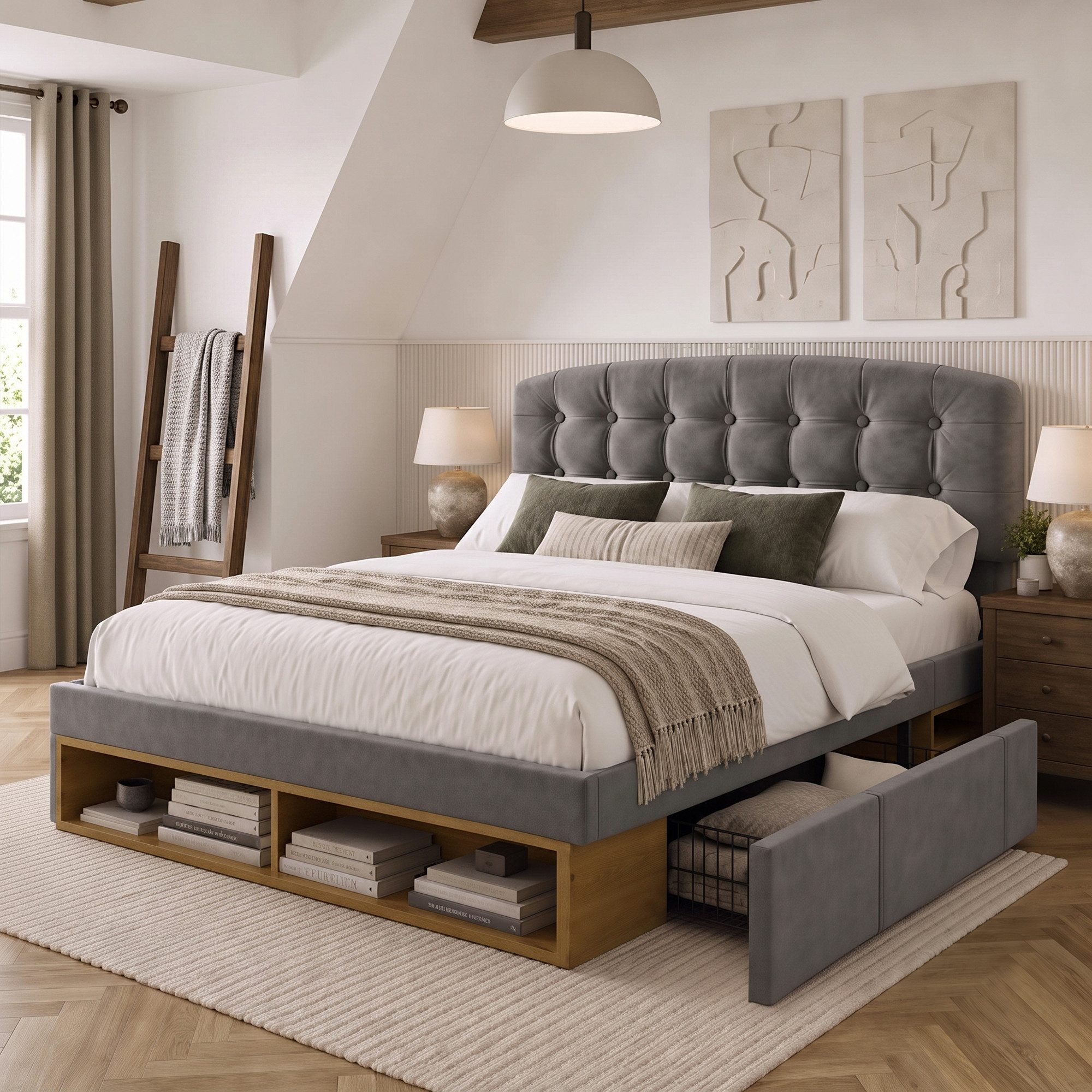 Flieks Polsterbett, Doppelbett 140x200cm mit höhenverstellbarem Kopfteil und 2 Schubladen