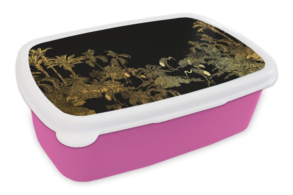 MuchoWow Lunchbox Dschungel - Vögel - Gold - Luxus, Kunststoff, (2-tlg), Brotbox für Erwachsene, Brotdose Kinder, Snackbox, Mädchen, Kunststoff rosa
