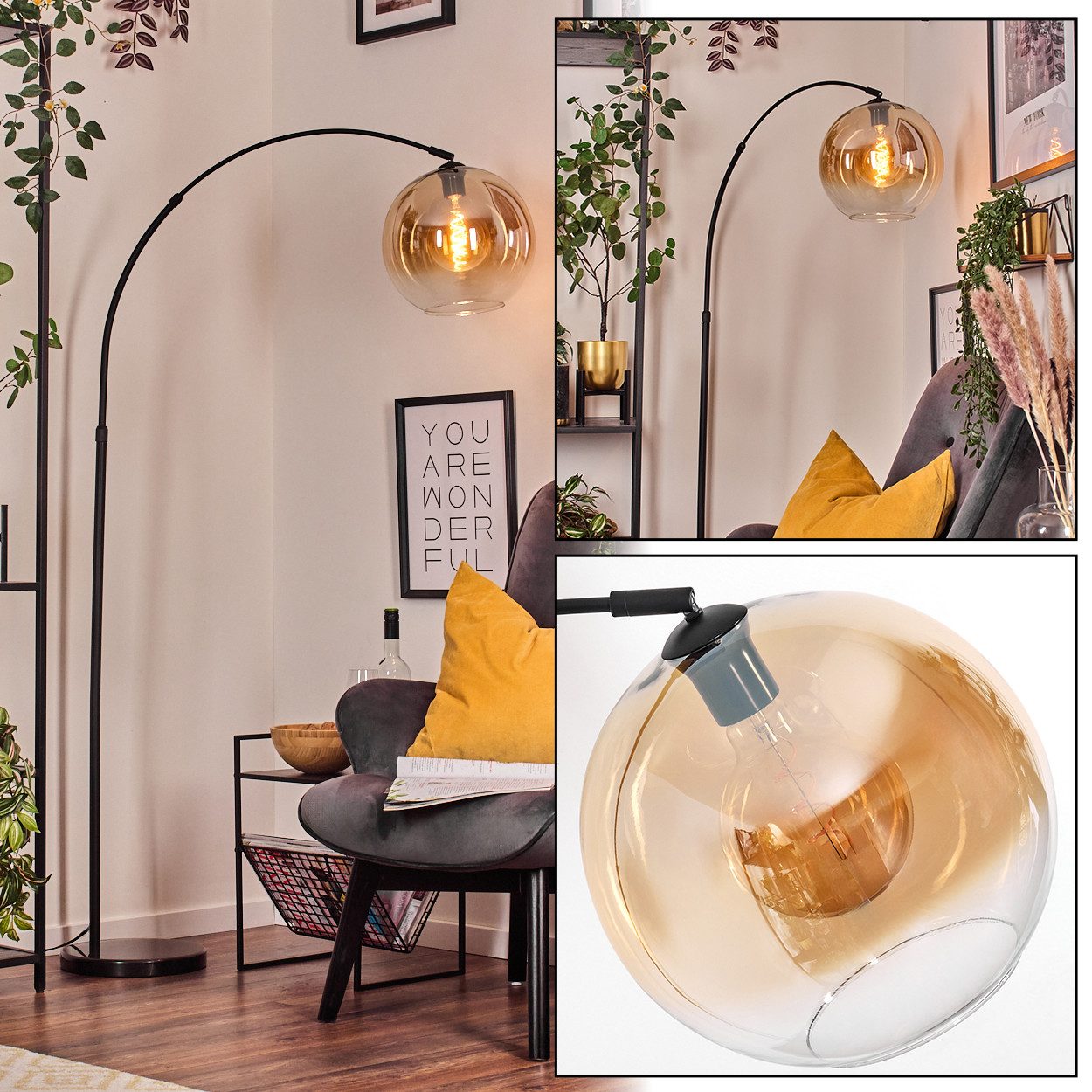 Stehlampe Stehlampe aus Metall/Glas in Schwarz/Bernstein/Klar mit Marmorfuß