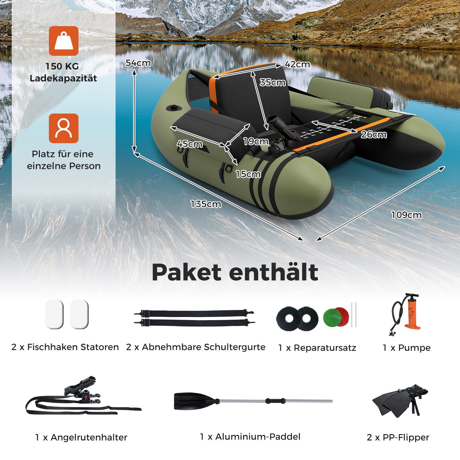 COSTWAY Schlauchboot, mit Verstellbarer Rückenlehne, inkl. Pumpe & Paddel