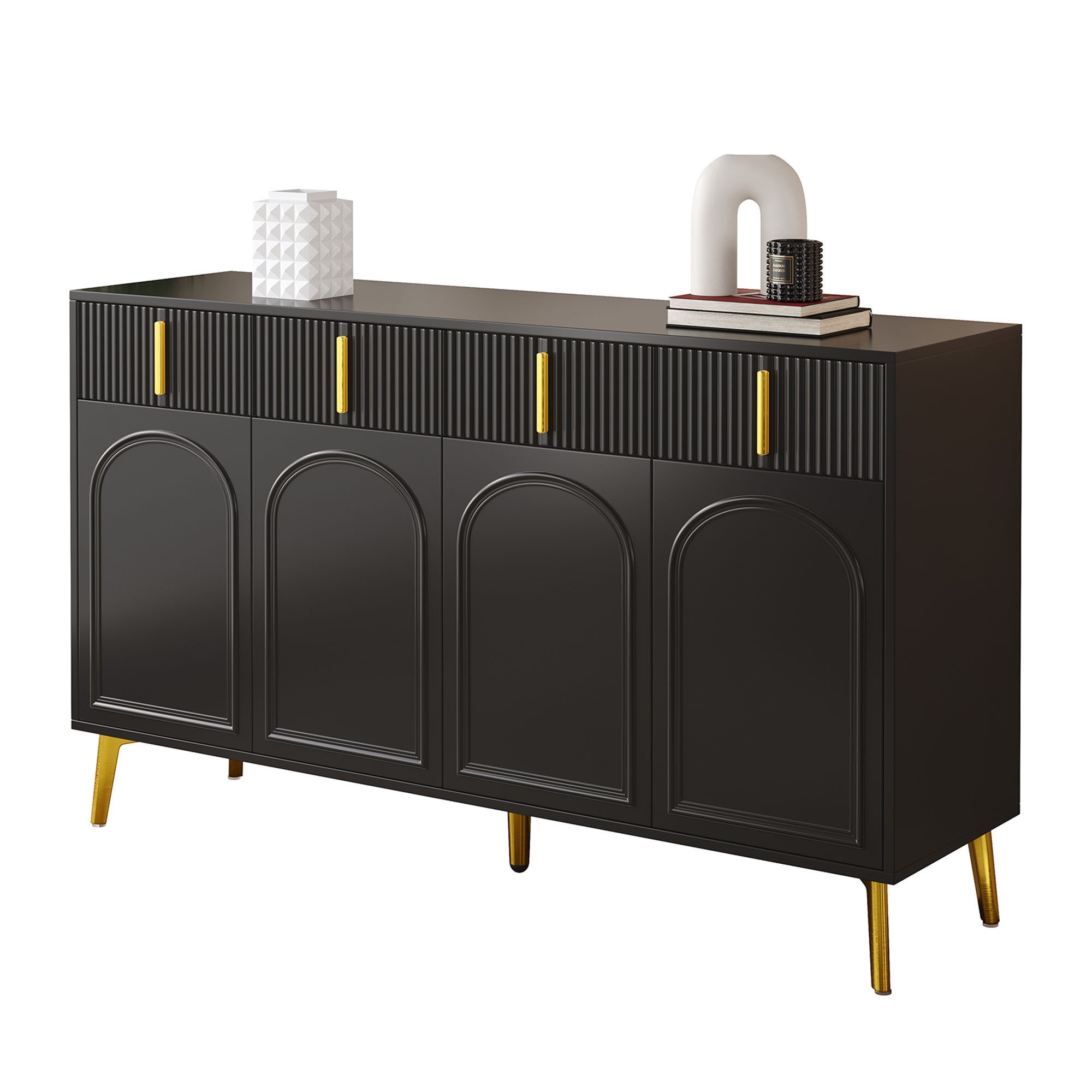 Merax Sideboard mit 4 Türen und 4 Schubladen (140x37,8x82 cm), Kommode mit goldenen Griffen und Beinen, Anrichte, Türkommoden