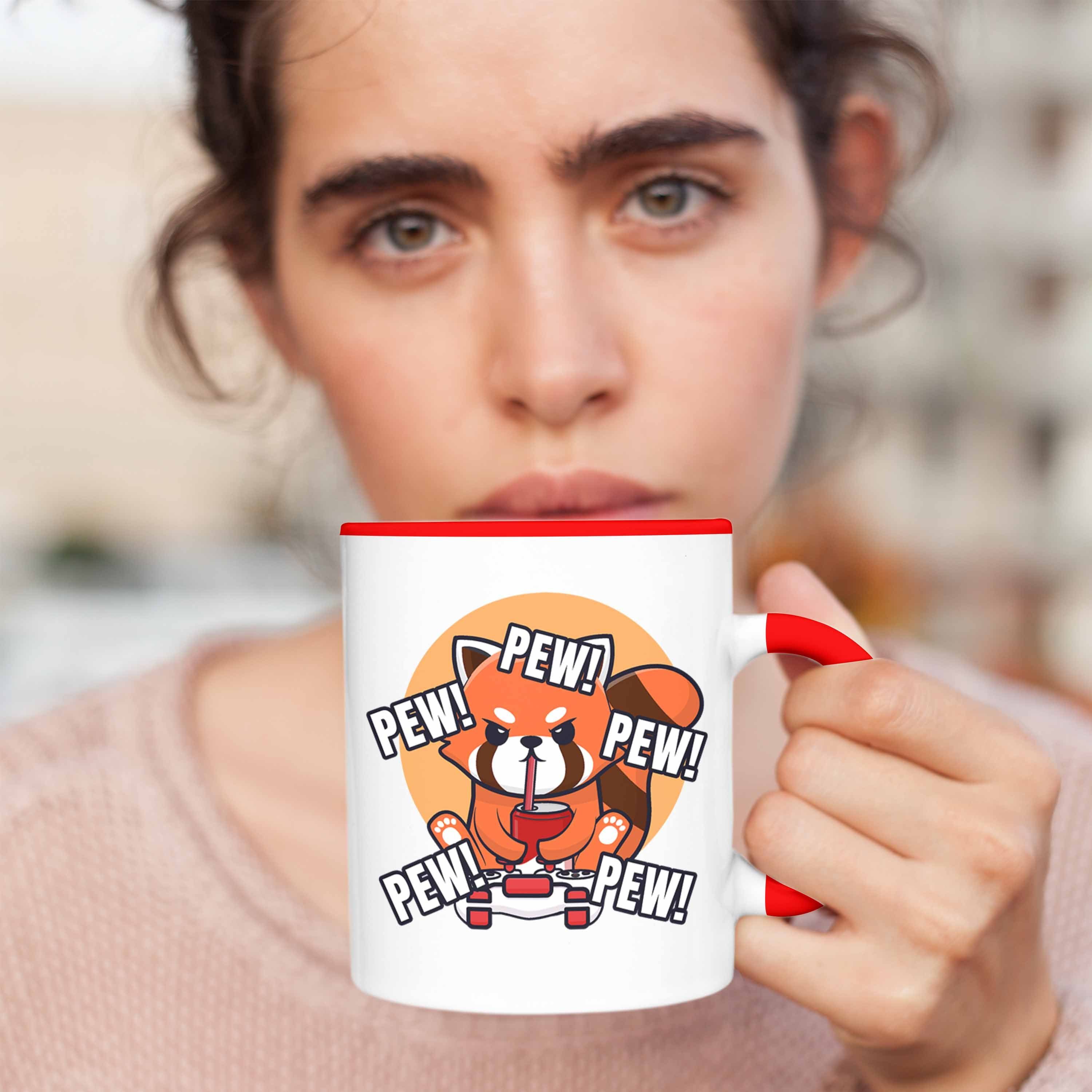 Trendation Tasse Trendation - Gamer Geschenkidee für Jungen Lustige Mädchen Pew Tasse Jungs Kinder Grafik Panda Rot Gaming
