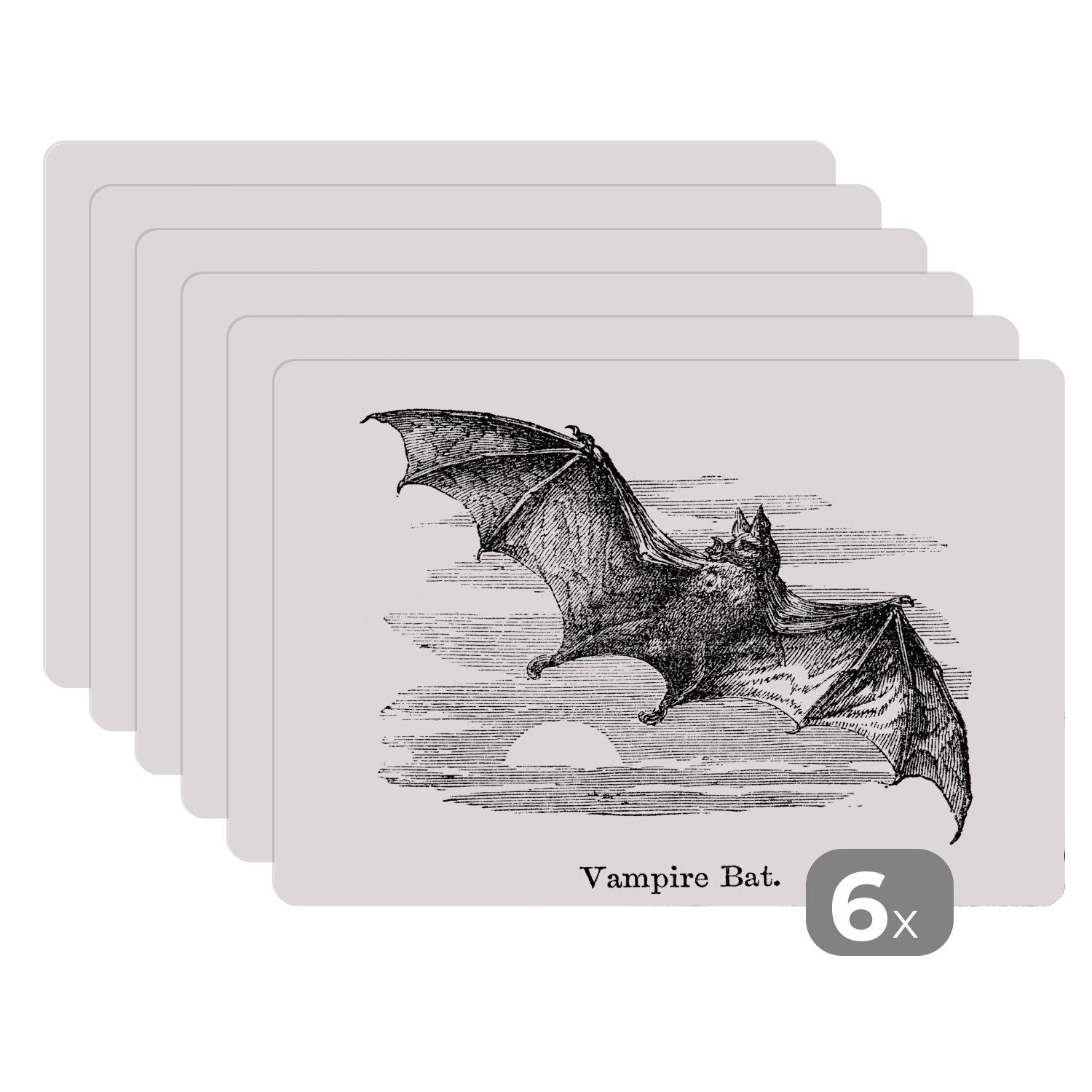 Platzset, Illustration einer Fledermaus vor einem Sonnenuntergang in schwarz und, MuchoWow, (6-St), Platzset, Platzdecken, Platzmatte, Tischmatten, Schmutzabweisend