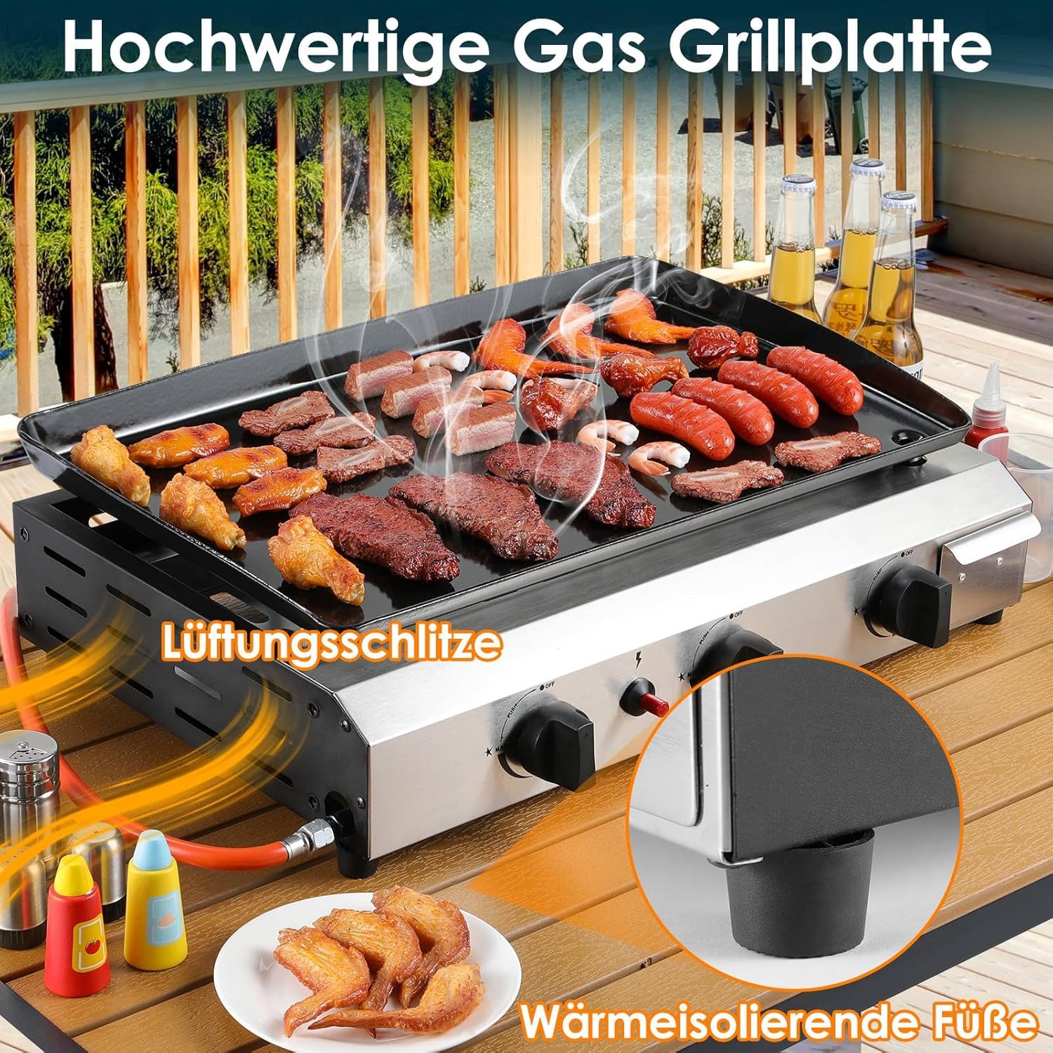 TLGREEN Camping-Gasgrill,Tischgasgrill mit Gusseisenplatte, Tragbarer Camping Grill mit 2/3 Brennern, Ideal für Balkon, Garten, Picknick & Outdoor BBQ
