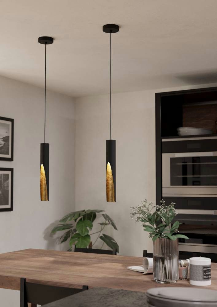 EGLO Hängeleuchte BARBOTTO Pendellampe, Stahl, GU10, IP20, Hängelampe, Esstischlampe, LED fest integriert, Hängeleuchte, H110 x Ø6,0 cm, schwarz, gold, 1X4,5W inkl.