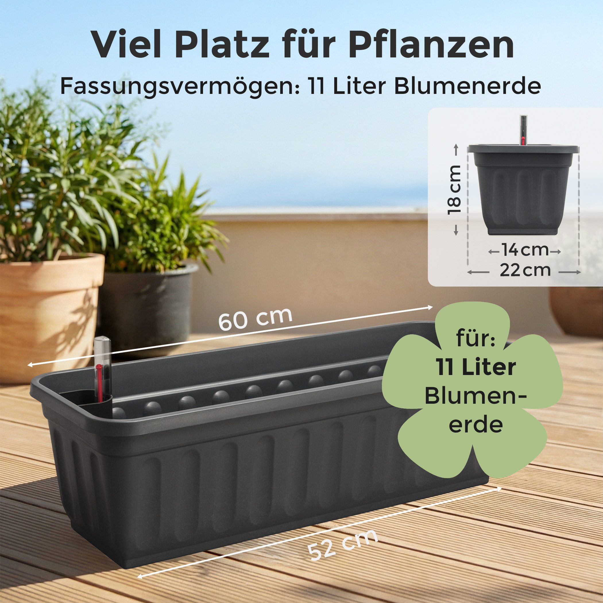 Hausfelder Blumenkasten Balkonkasten mit Wasserstandsanzeiger, Pflanzkasten 4er Set, 60cm (4er Set, 4 St., Jedes Set enthält: Füllstandsanzeiger, Boden, Pflanzk – Bild 5 von 5